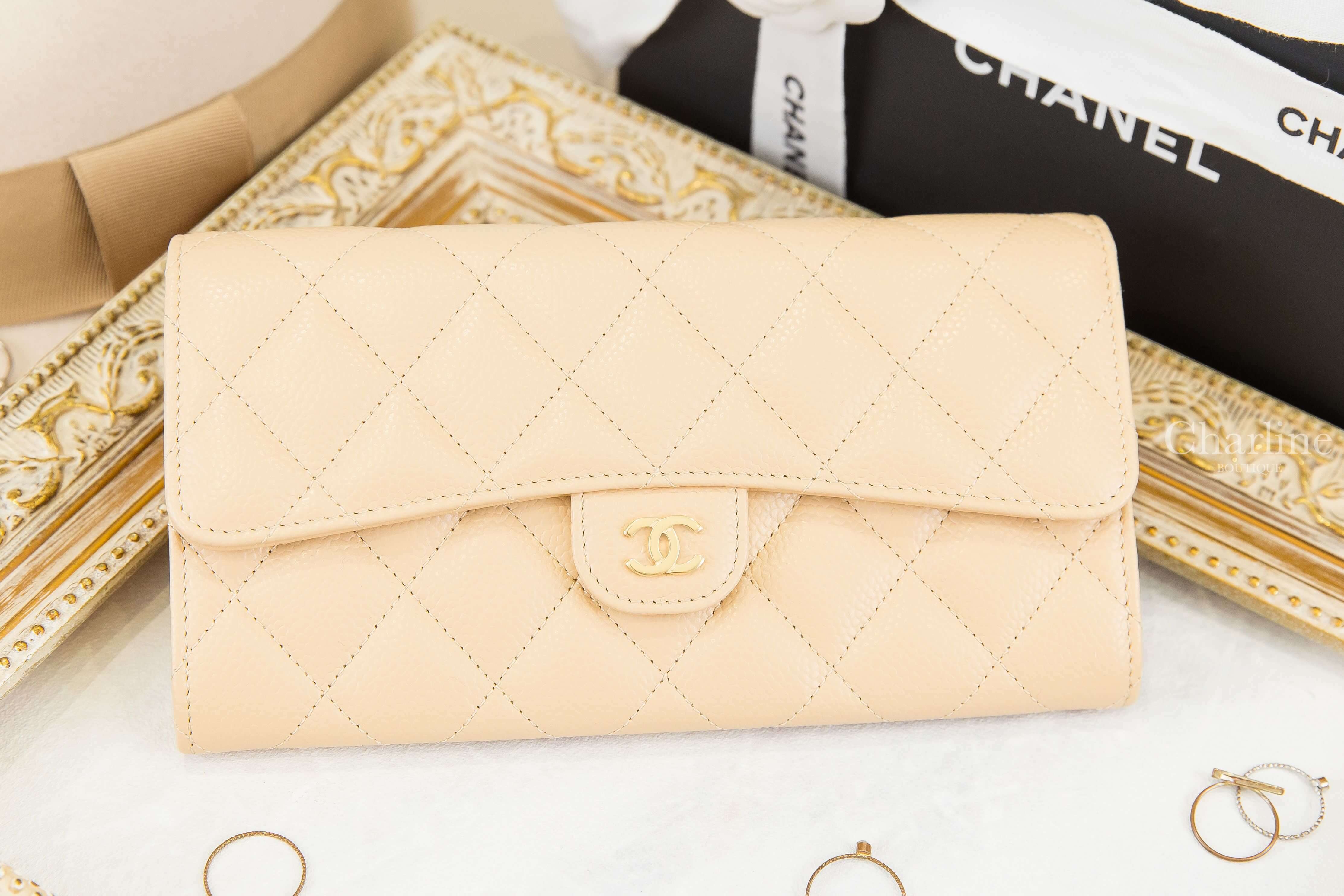 Chanel Classic Long Flap Wallet 裸色金CC荔枝菱格紋前釦式長夾