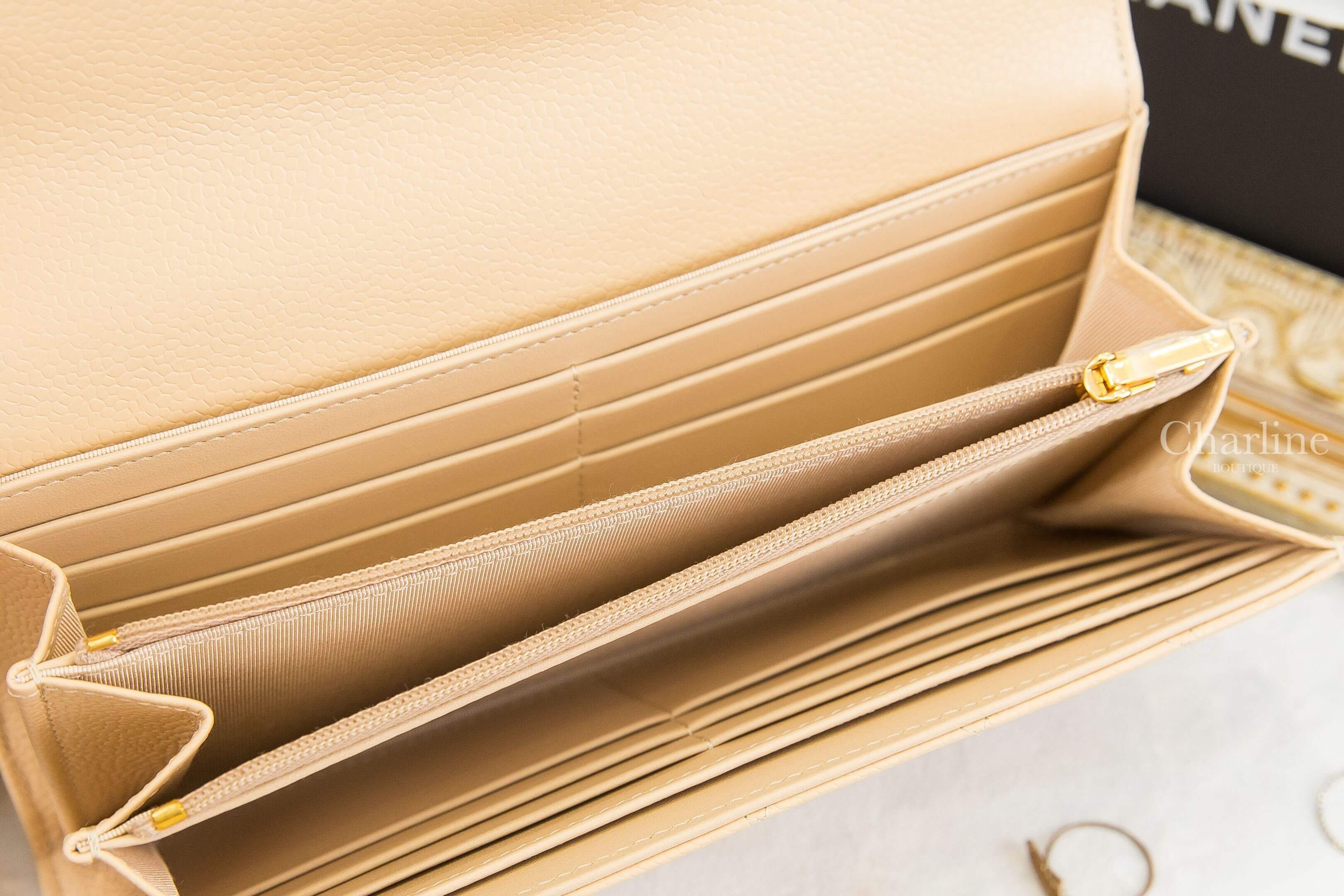 Chanel Classic Long Flap Wallet 裸色金CC荔枝菱格紋前扣式長夾-Charline Boutique 精品代購