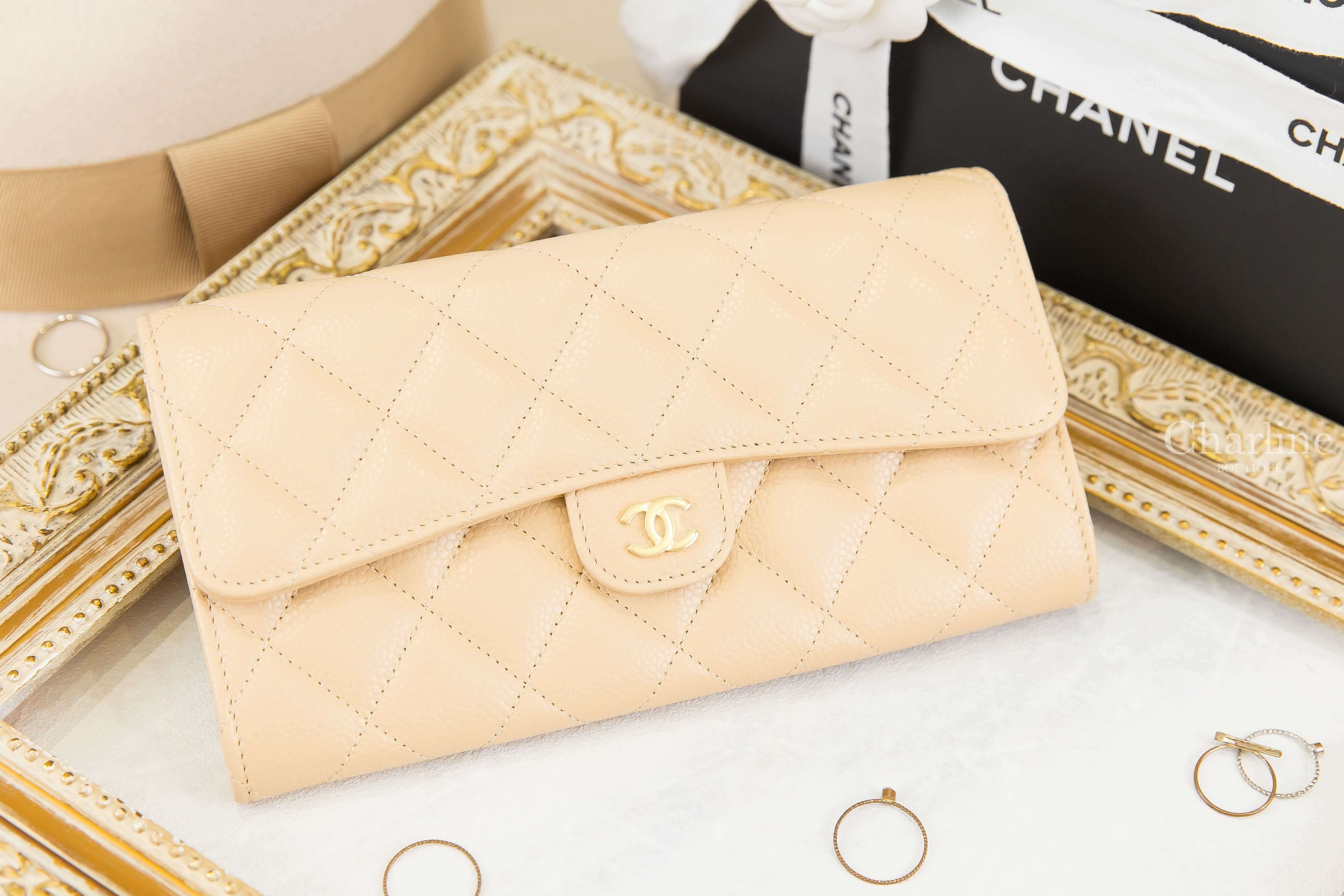 Chanel Classic Long Flap Wallet 裸色金CC荔枝菱格紋前扣式長夾-Charline Boutique 精品代購
