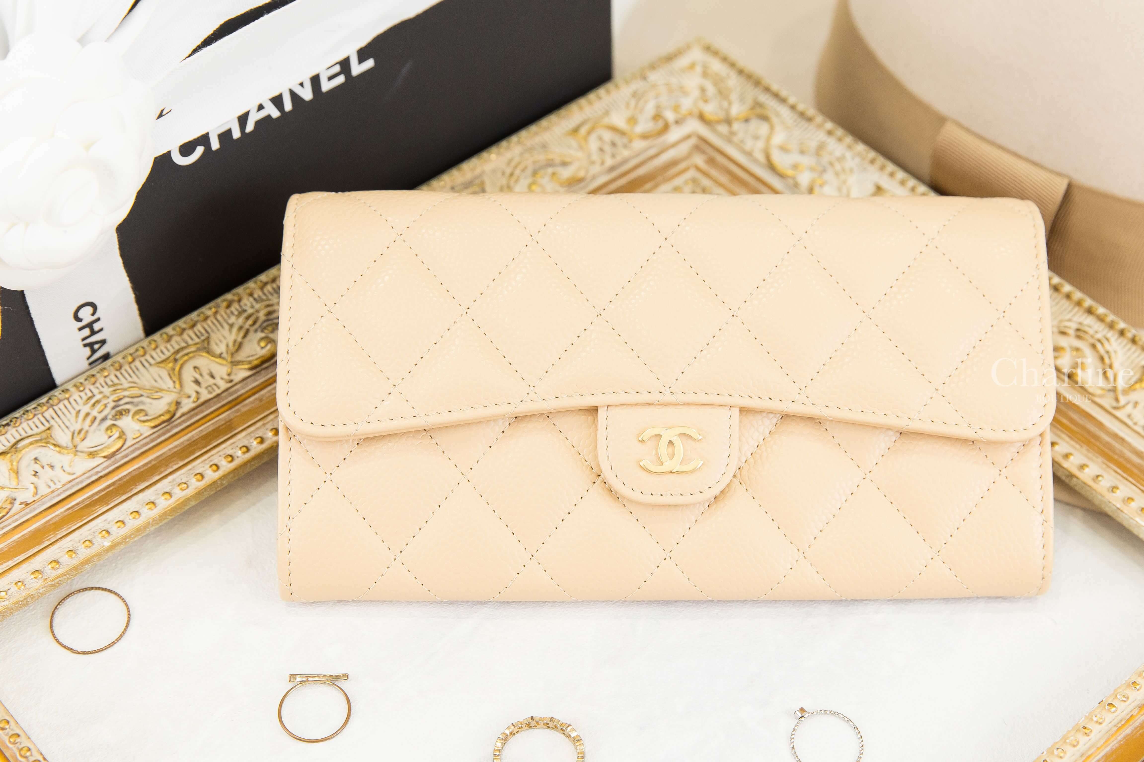 Chanel Classic Long Flap Wallet 裸色金CC荔枝菱格紋前扣式長夾-Charline Boutique 精品代購