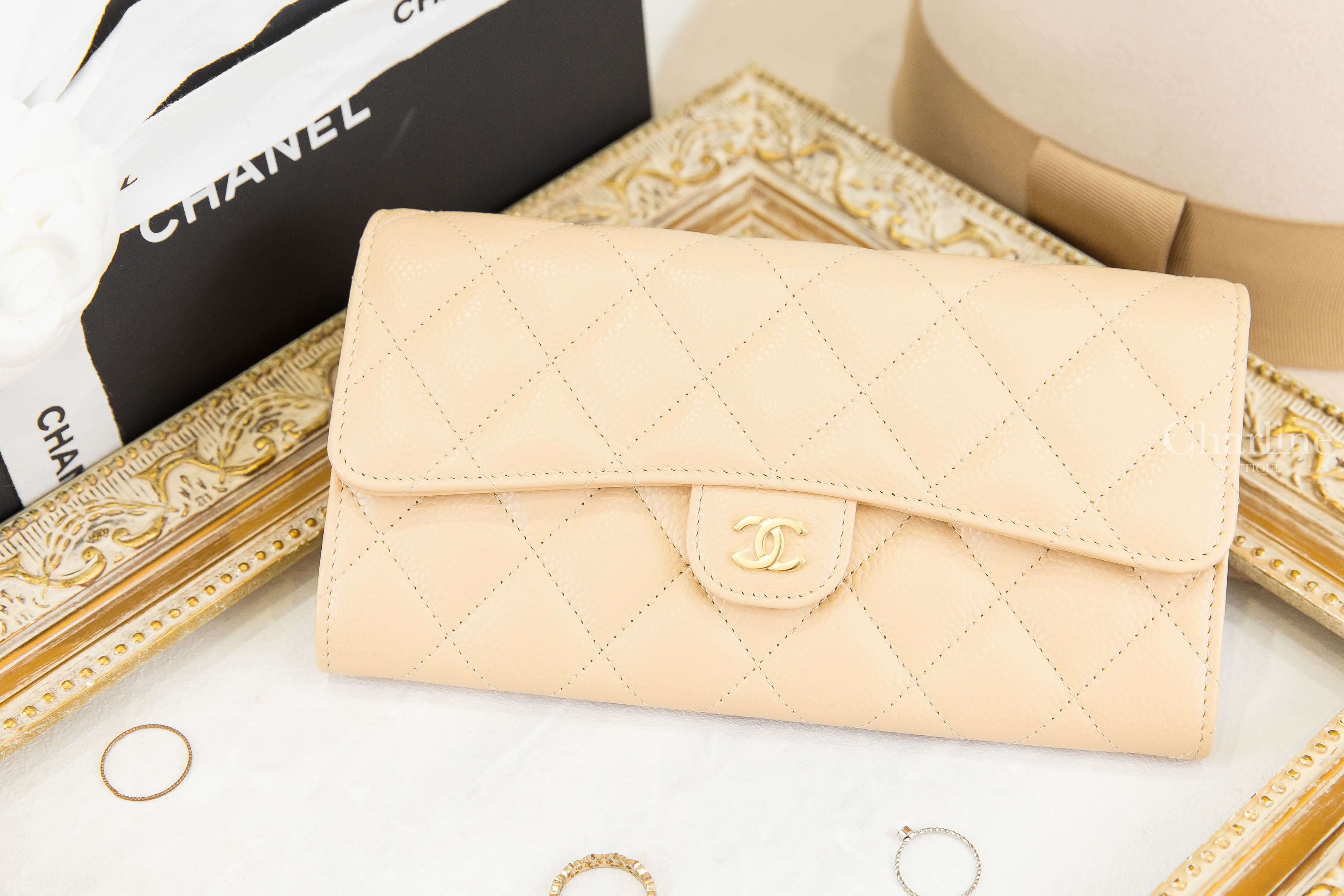 Chanel Classic Long Flap Wallet 裸色金CC荔枝菱格紋前扣式長夾-Charline Boutique 精品代購