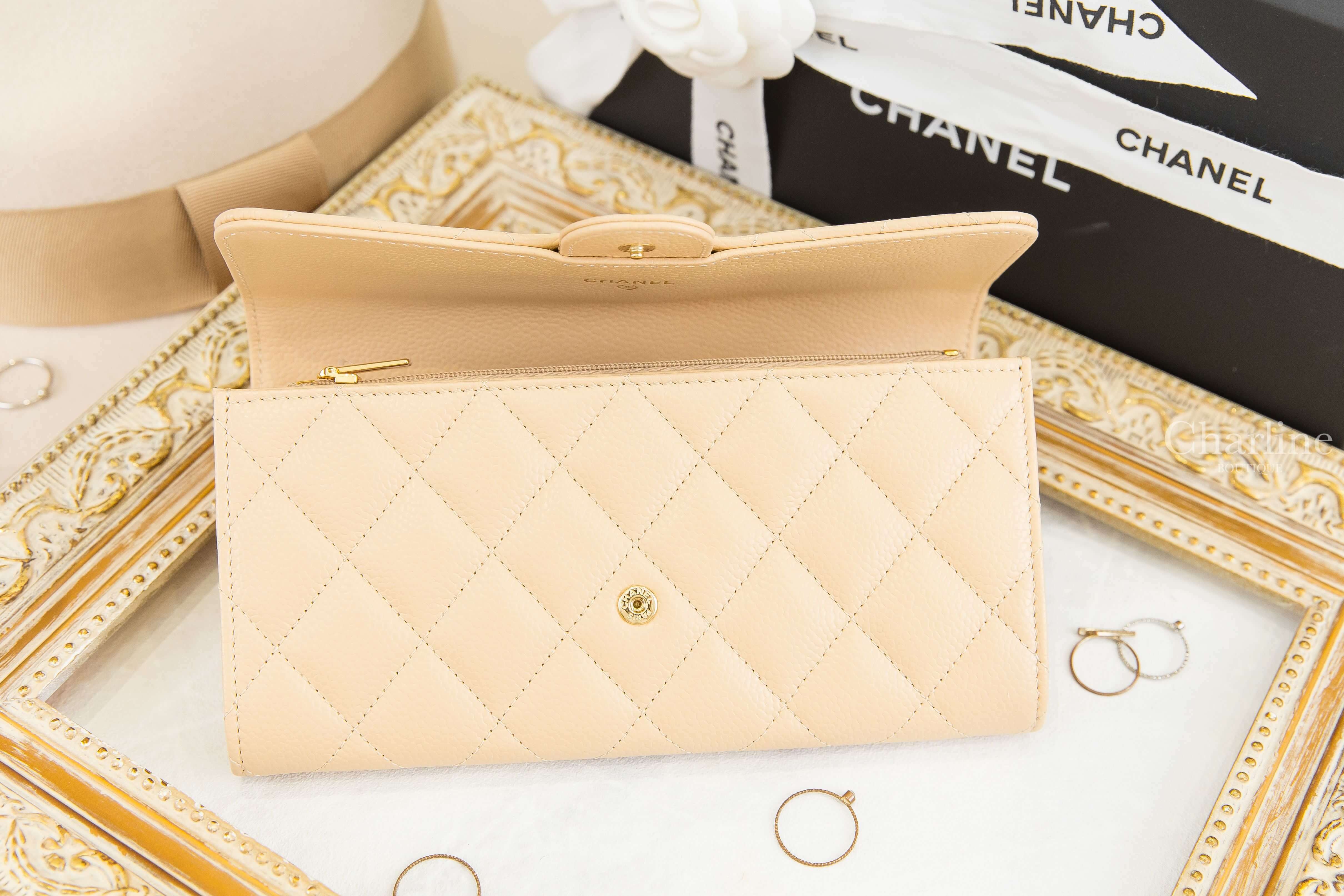 Chanel Classic Long Flap Wallet 裸色金CC荔枝菱格紋前扣式長夾-Charline Boutique 精品代購