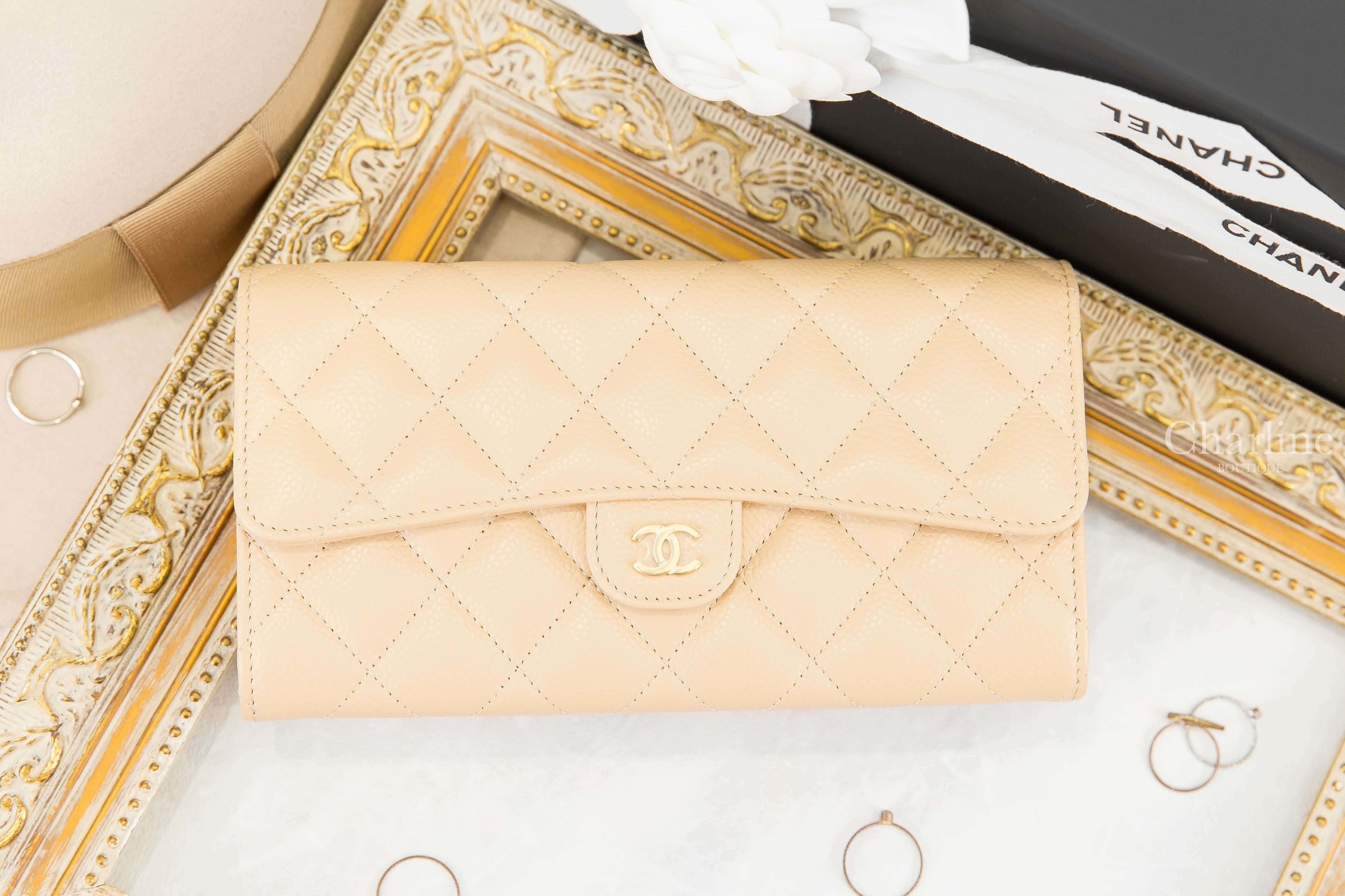 Chanel Classic Long Flap Wallet 裸色金CC荔枝菱格紋前扣式長夾-Charline Boutique 精品代購