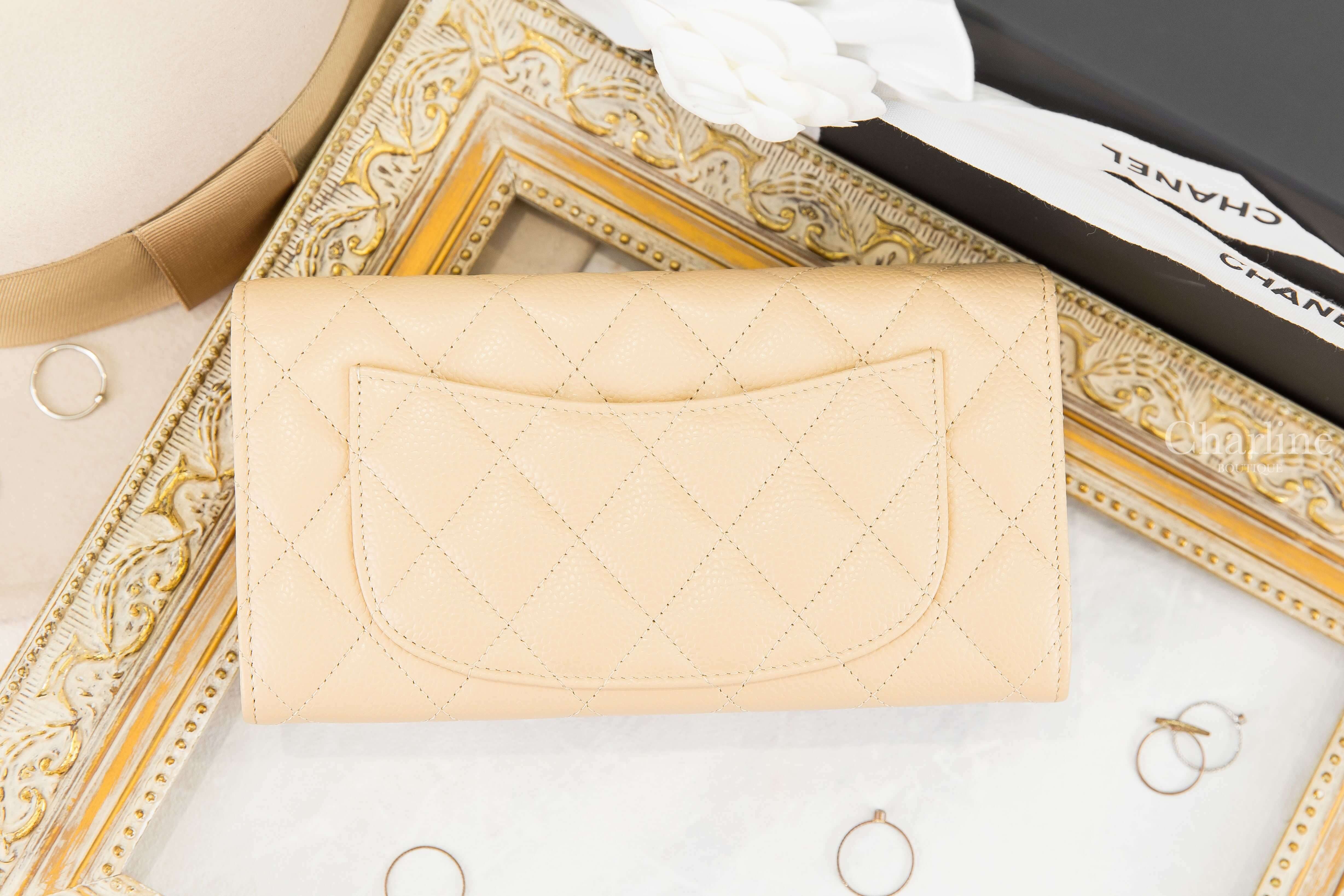 Chanel Classic Long Flap Wallet 裸色金CC荔枝菱格紋前扣式長夾-Charline Boutique 精品代購