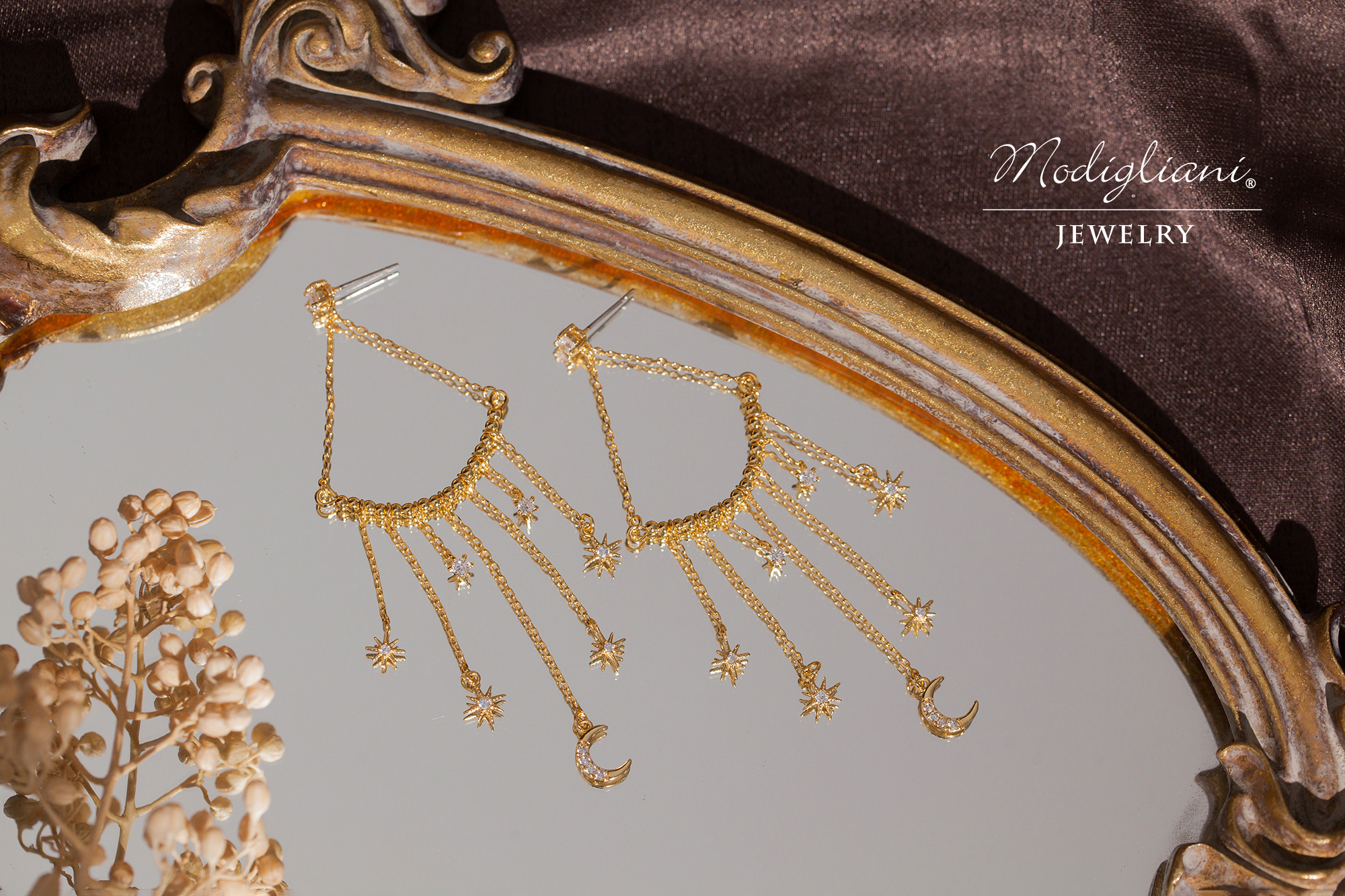 黃銅飾品,黃銅,氣質,仙女,耳環,星芒,18K金,月亮,流蘇,鋯石,垂墜式耳環