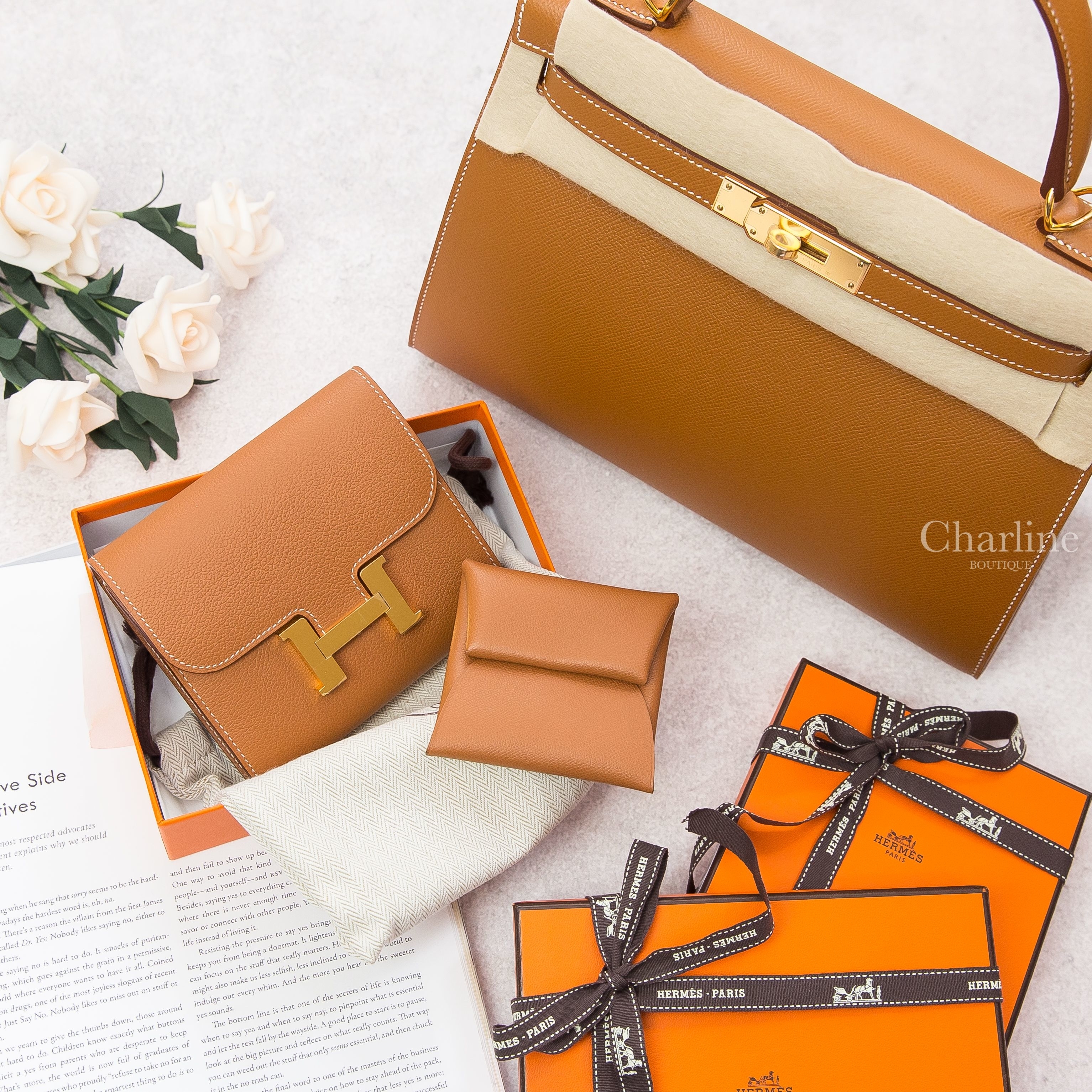 Hermès Kelly 25cm 37 Epsom 焦糖色金釦,Hermes Bastia 37 焦糖色零錢包,Hermes Compact 37 Evercolor 焦糖色金釦短夾-Charline Boutique 精品代購
