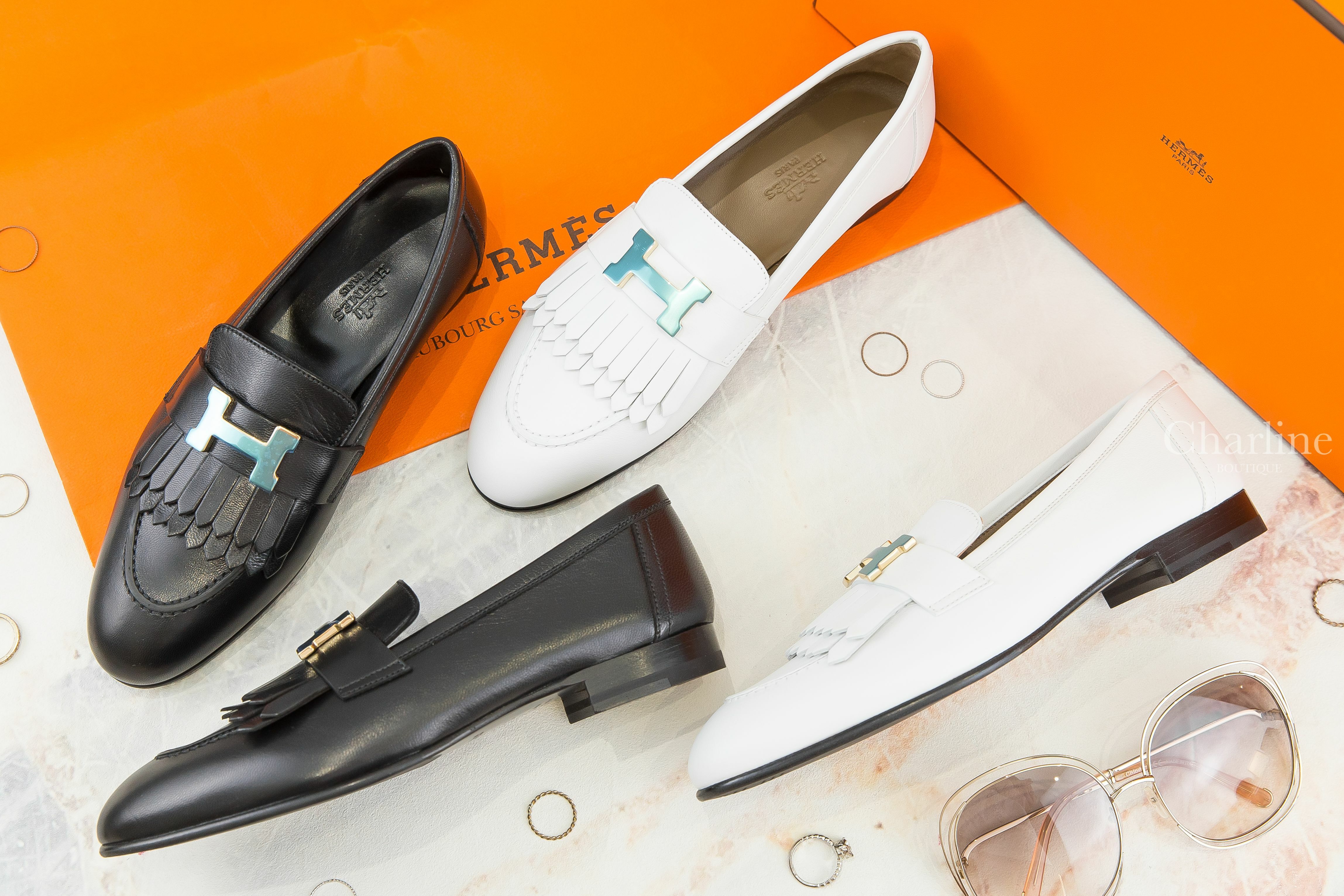 Hermès Royal Loafer 白色金釦H流蘇牛皮樂福鞋,Hermès Royal Loafer 黑色金釦H流蘇山羊皮樂福鞋-Charline Boutique 精品代購