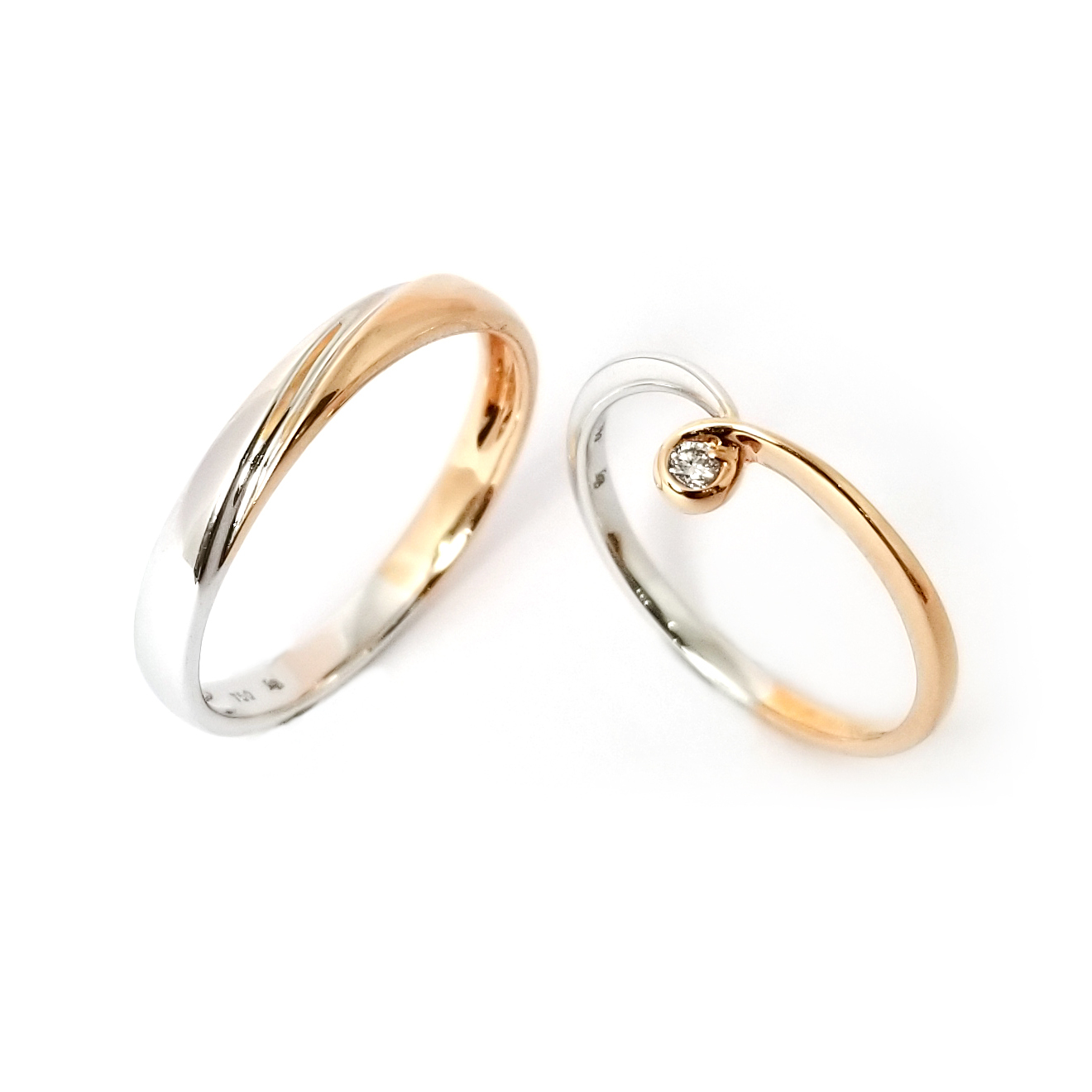 18K白金及玫瑰金鑽石V形水滴結婚戒指