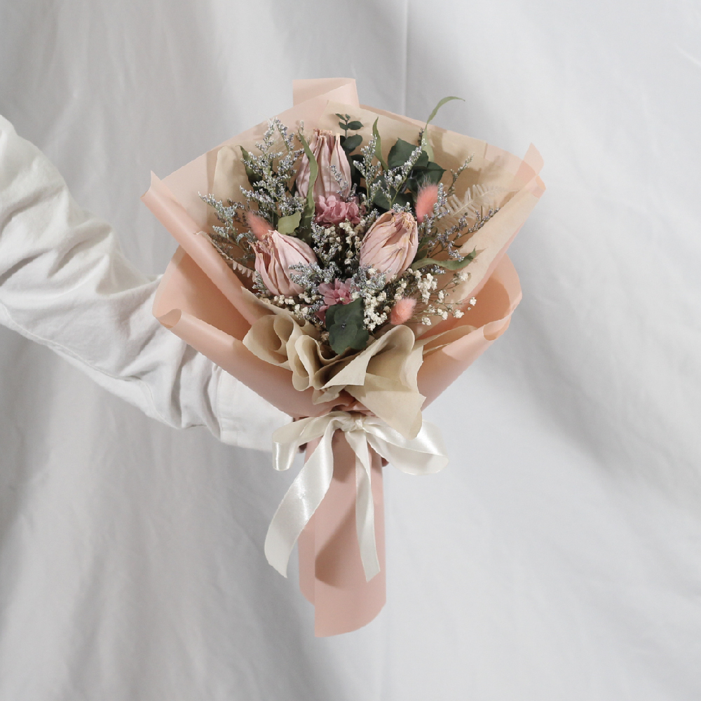 粉色系鬱金香乾燥花束-畢業花束-情人節花束-中型