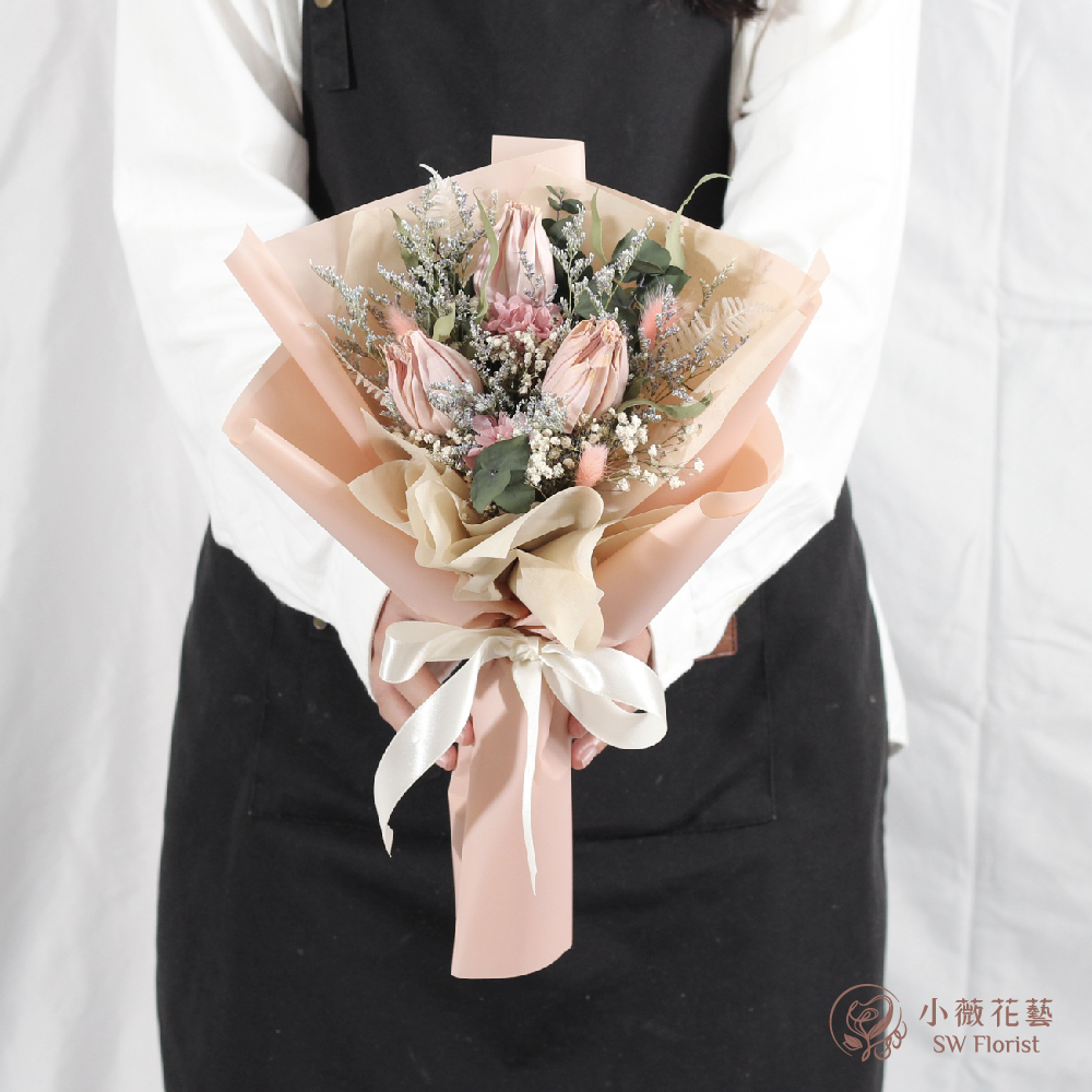 粉色系鬱金香乾燥花束-畢業花束-情人節花束-中型