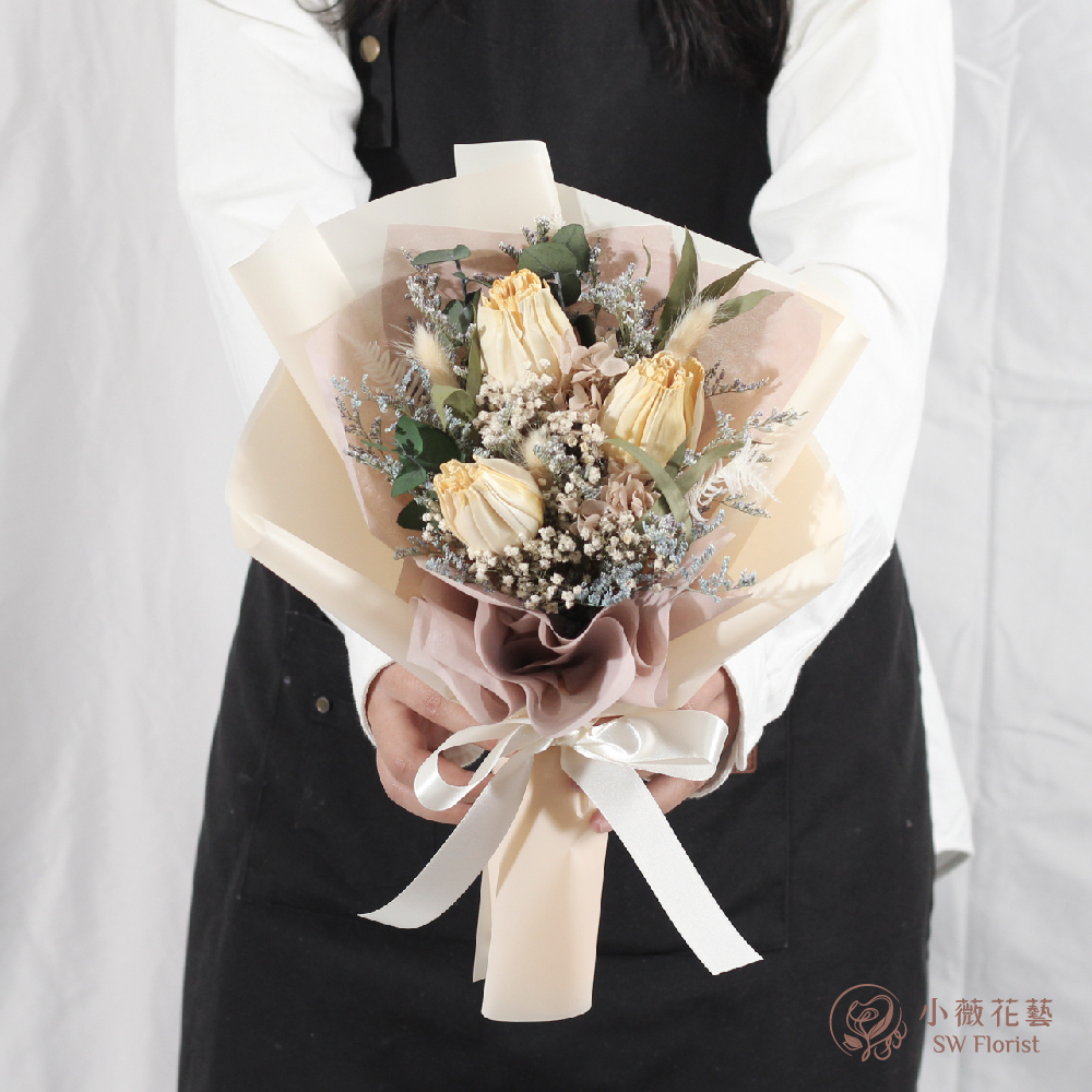 黃色系鬱金香乾燥花束-畢業花束-情人節花束-中型