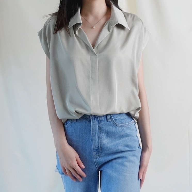 5W24 小立領光澤感滑布襯衫 綠色