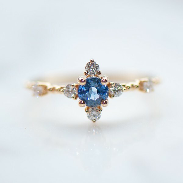 18K Petite blue sapphire diamond ring