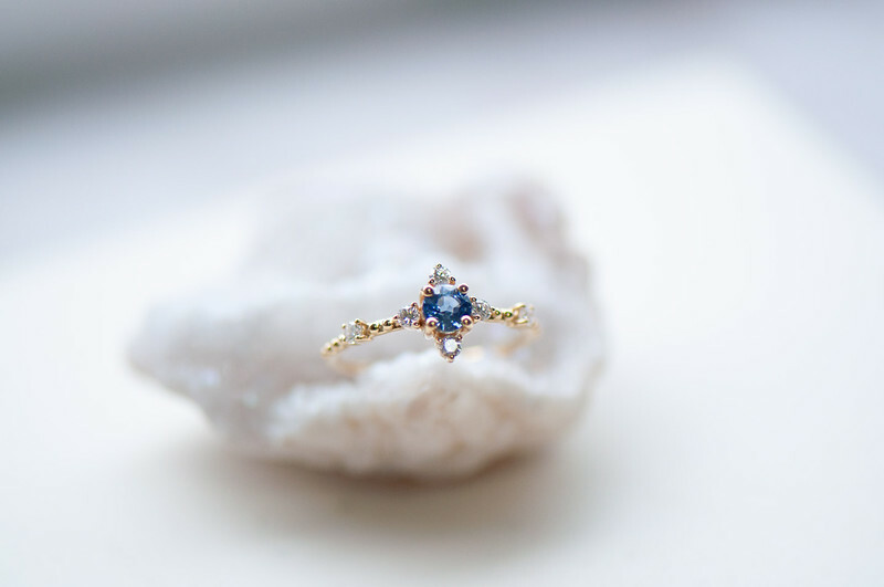 18K Petite blue sapphire diamond ring