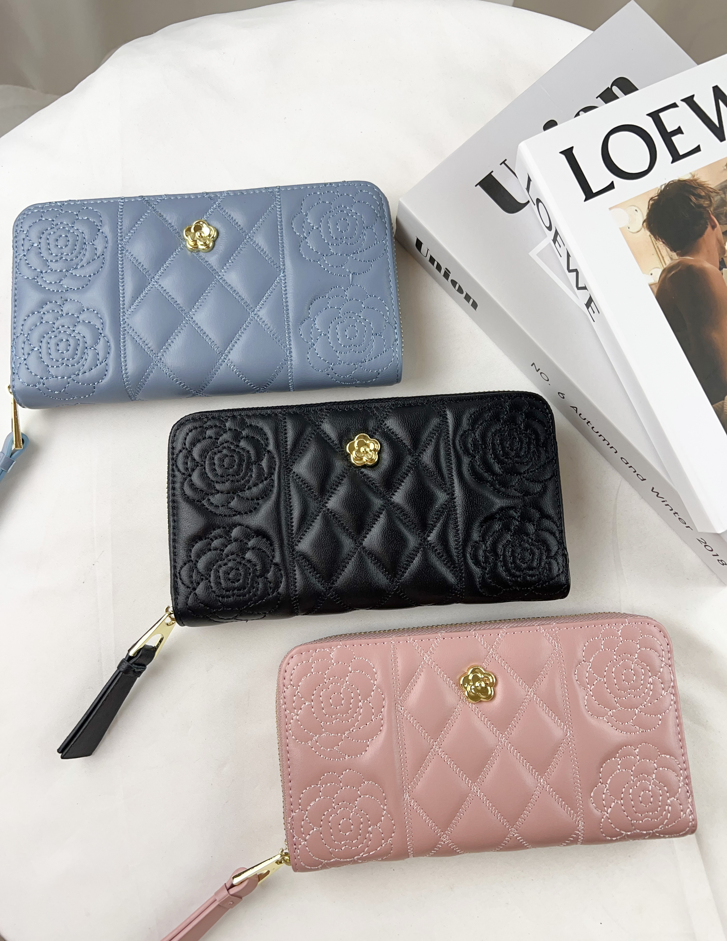 花朵真皮羊皮拉鍊長夾  #SM-1015