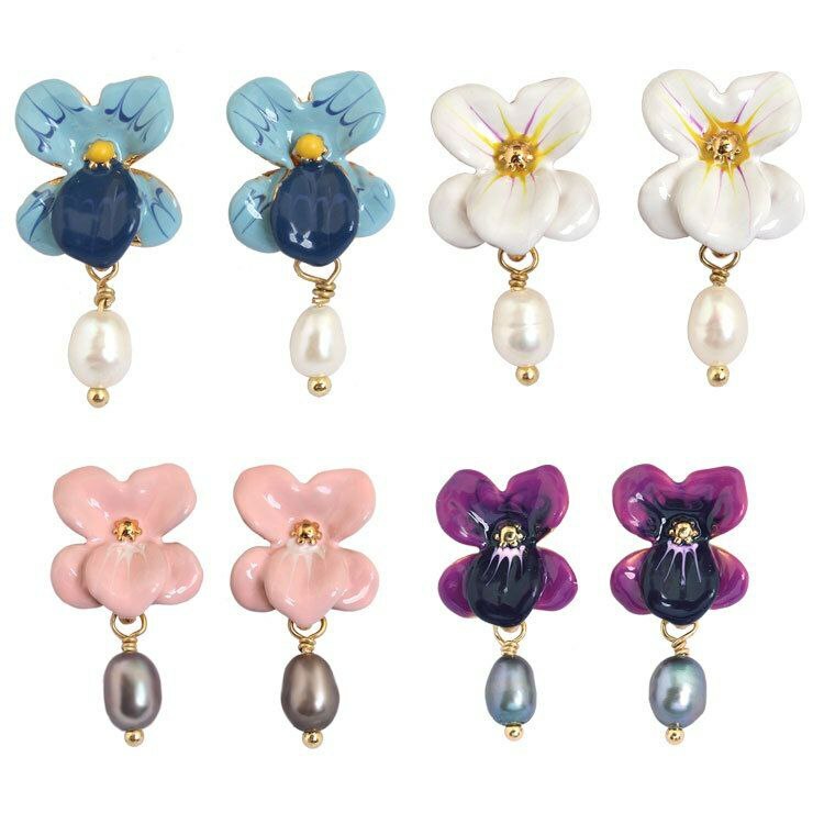 欧美时尚 新款多色 珐琅釉 蓝色花朵 珍珠吊坠 925银针
