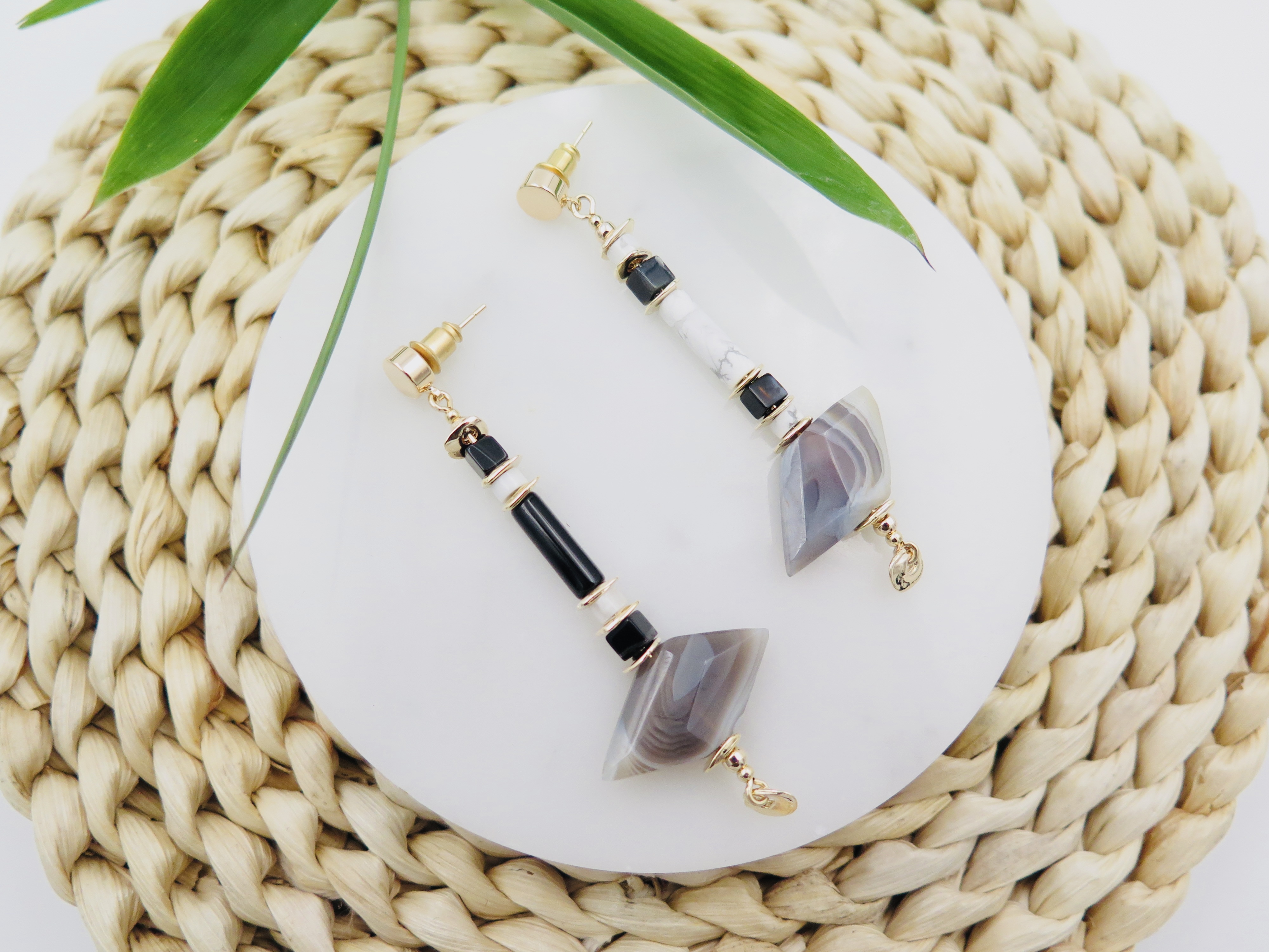 COLE COOL天然瑪瑙白松石純銀耳環耳夾