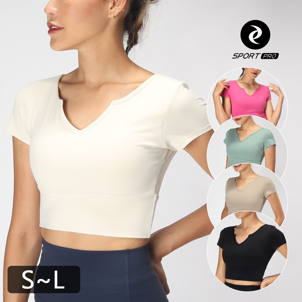 短版V領含罩杯緊身瑜珈/運動/機能短袖【可換襯墊/上下一致】*