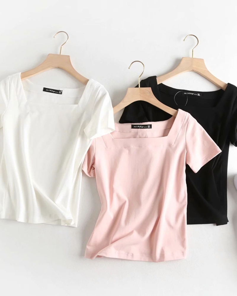 純色大方領柔棉上衣 三色