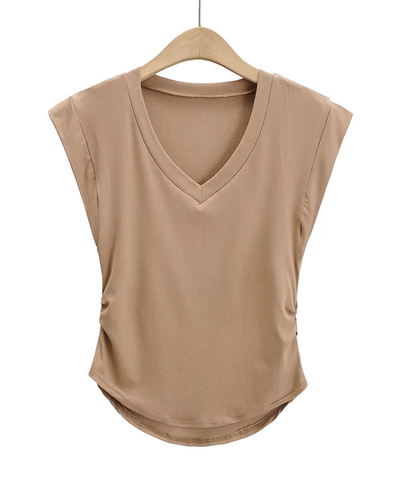 V領半袖抓褶柔棉上衣 五色