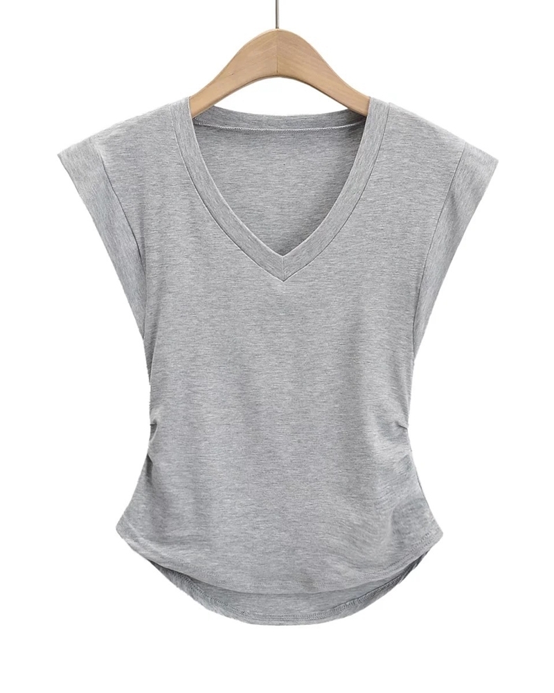 V領半袖抓褶柔棉上衣 五色