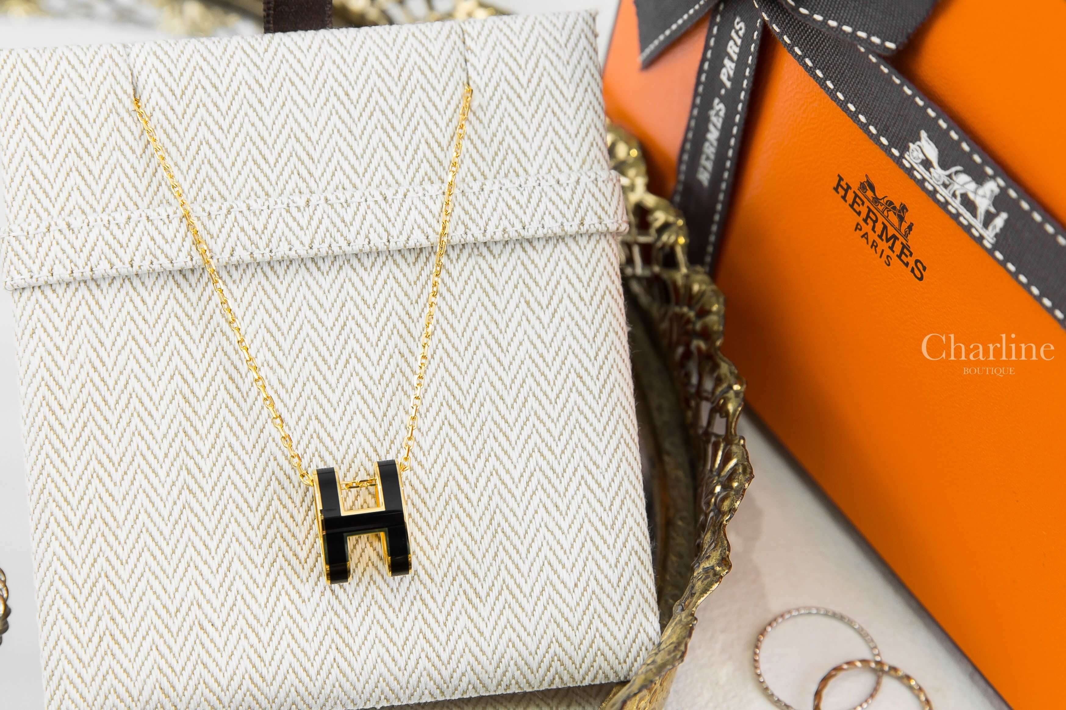 Hermès Pendentif Pop H Necklace 黑色珐瑯鍍金簍空橢圓項鍊