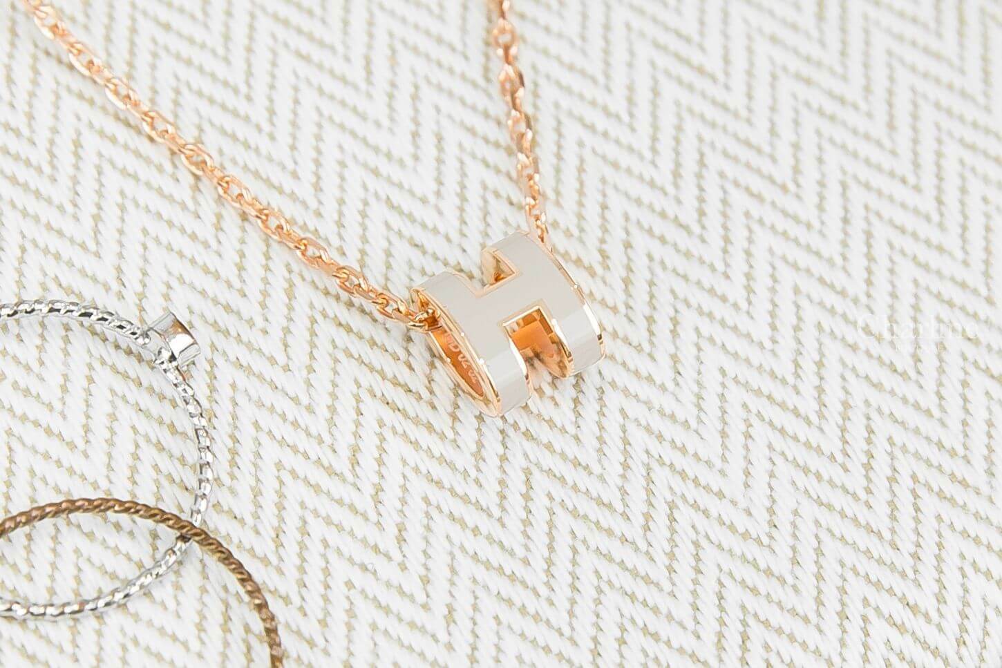 Hermès Mini Pop H Pendant 栗子灰迷你珐瑯鍍玫瑰金簍空橢圓項鍊