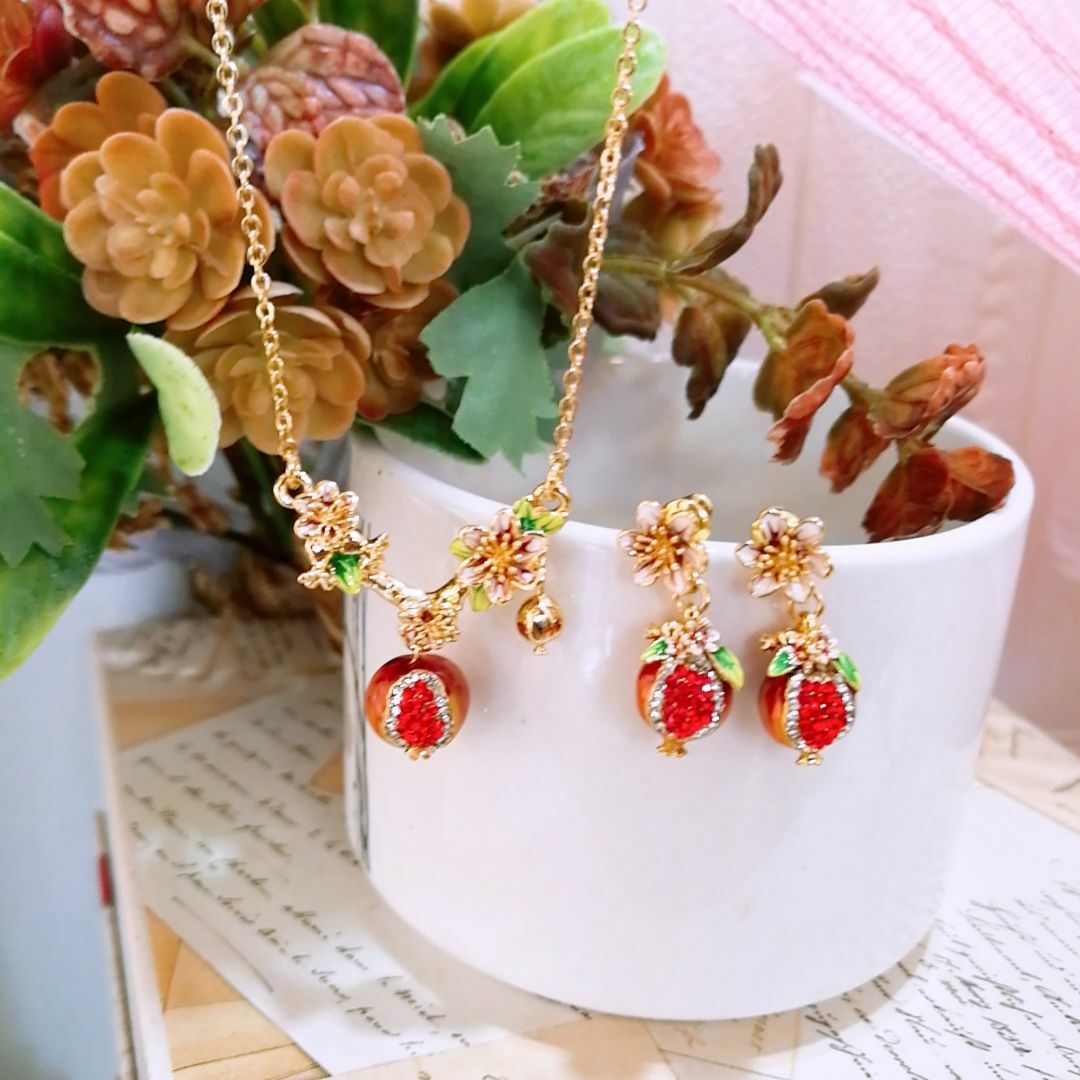 石榴花果实 珐琅彩 Necklace Earring