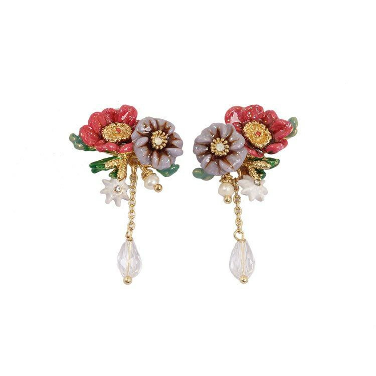 手绘珐琅饰品  #红紫花朵耳环流苏  镀金 S925银针 Q315