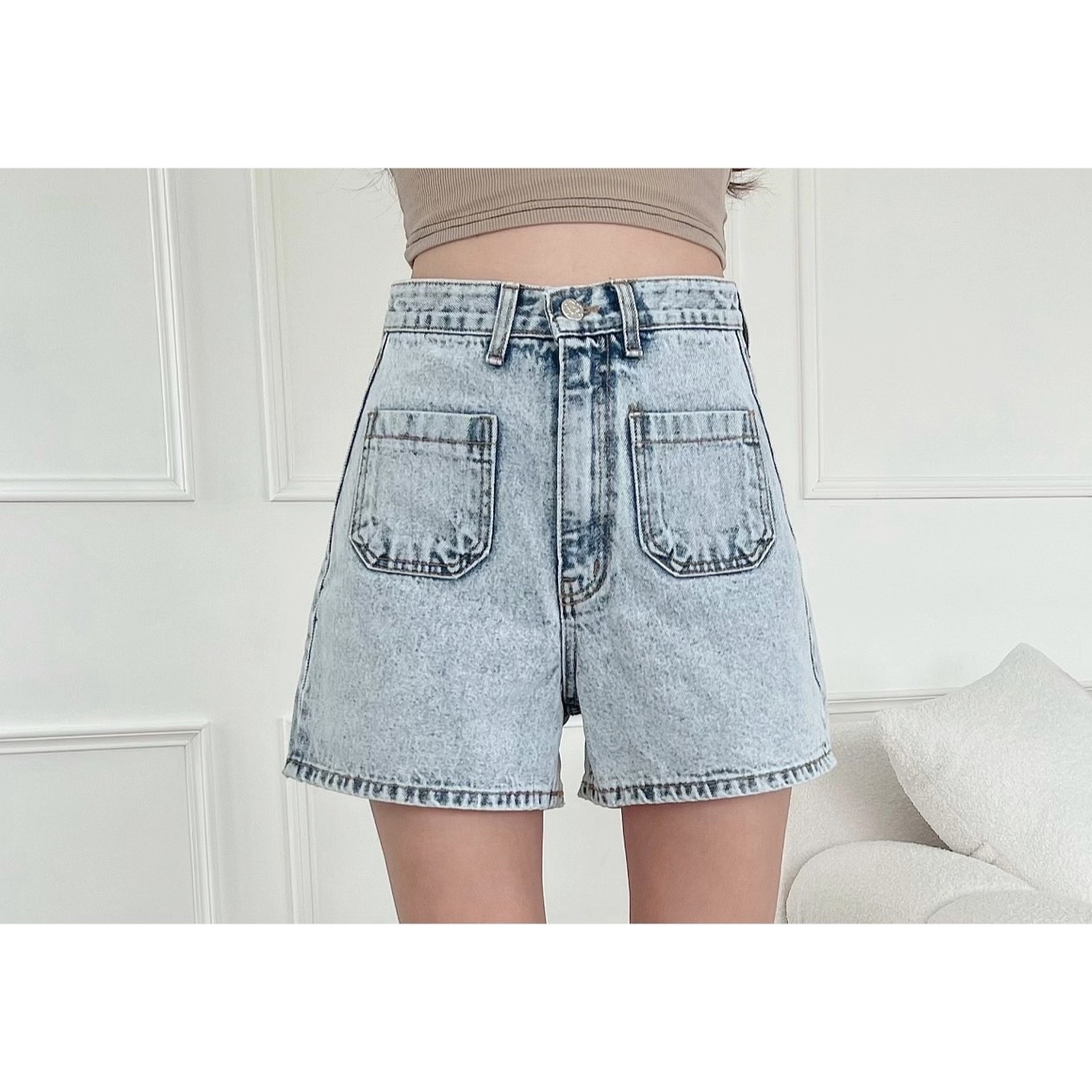 🔥05.18直播新品］💥褲口反摺更經典］🇰🇷正韓高腰超美雪花刷色大口袋挺版牛仔短褲（S-L）