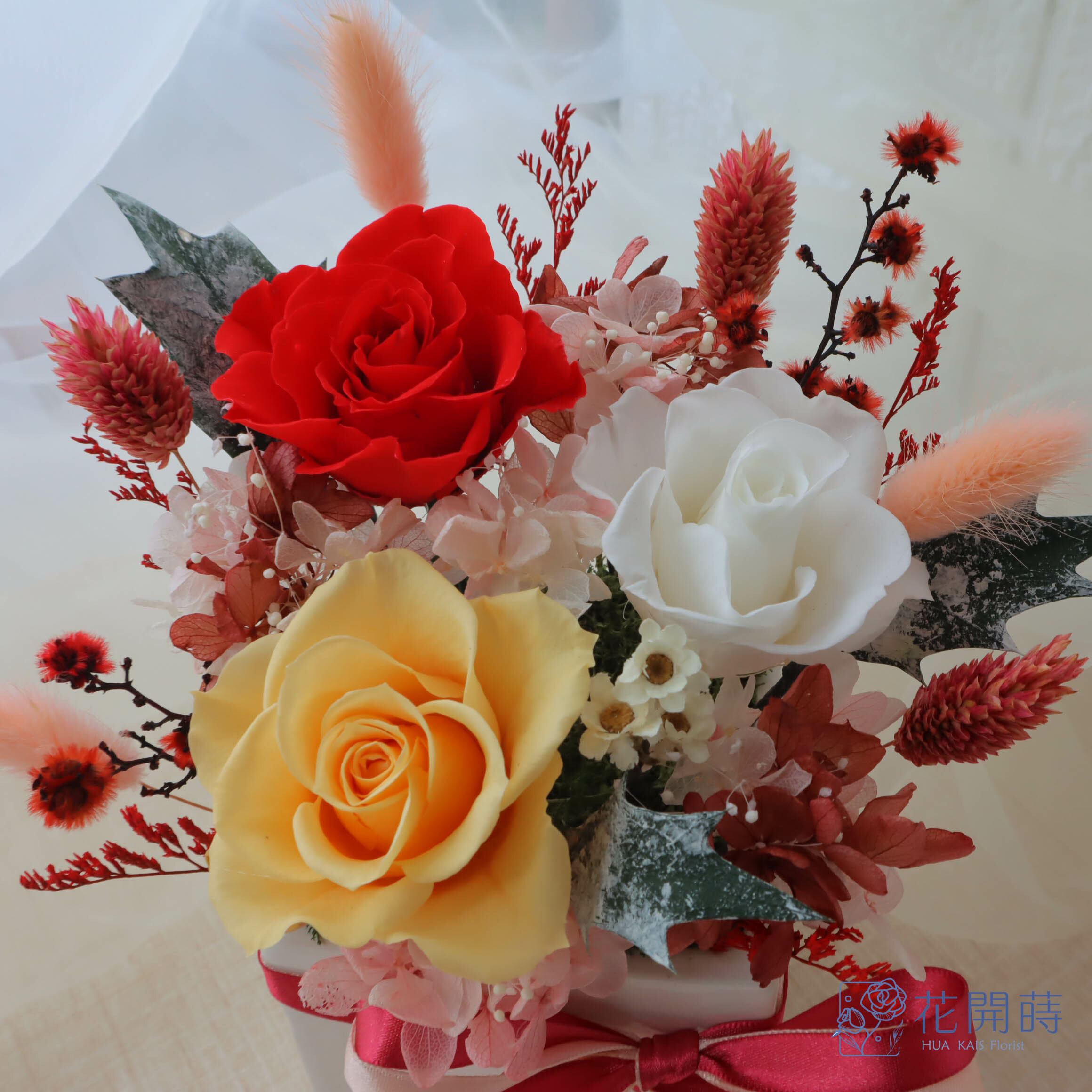 永生花小盆栽|熱戀紅方盆|開幕盆栽|永生花禮|情人節禮物|母親節禮物