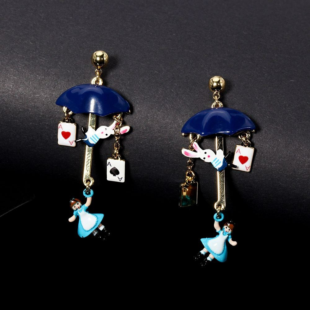 法式童话风   小女孩小雨伞耳环镀真金  925银针耳钉   珐琅 E279