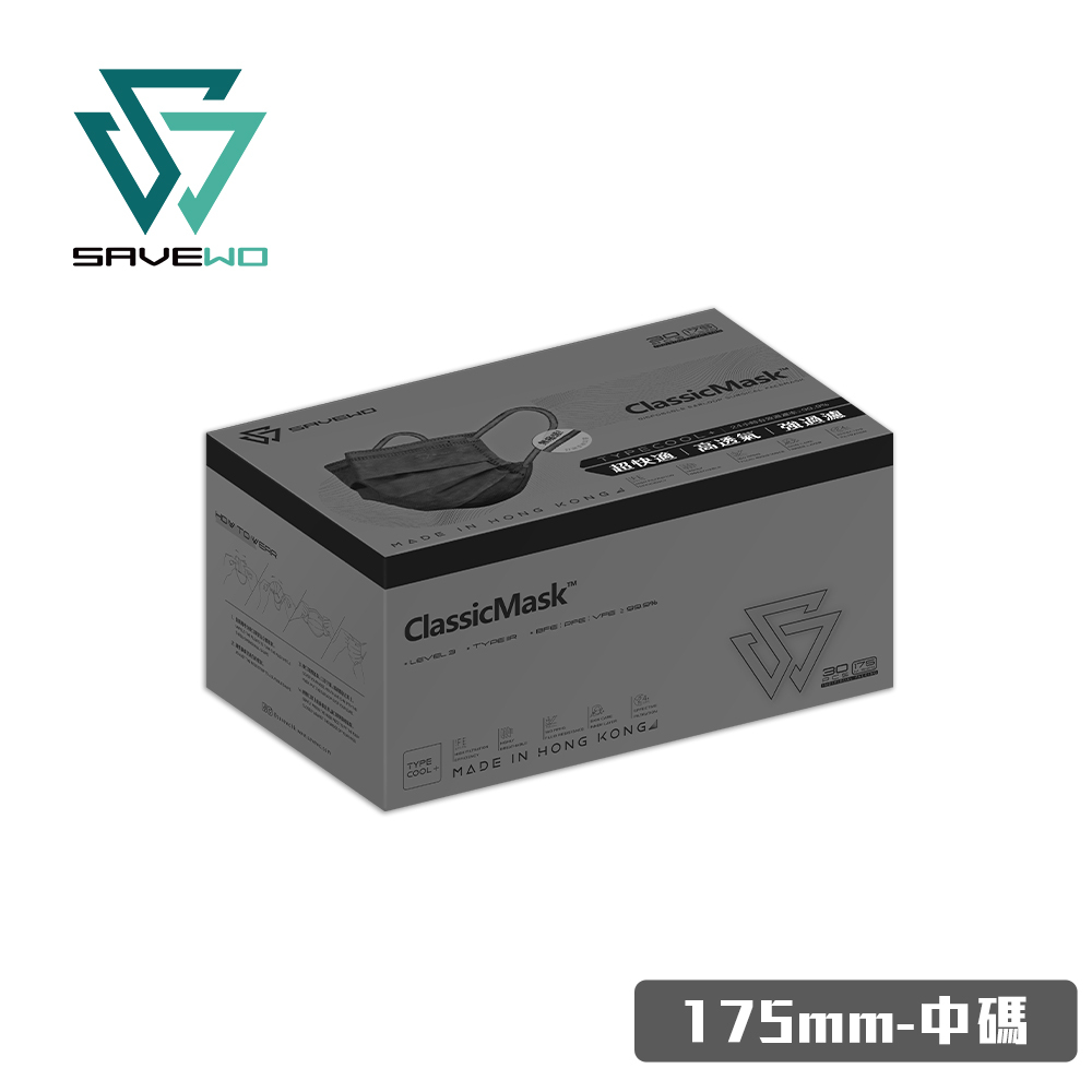 *175mm M 中碼* SAVEWO ClassicMask 三摺平面口罩 灰色 (30片獨立包裝/盒)
