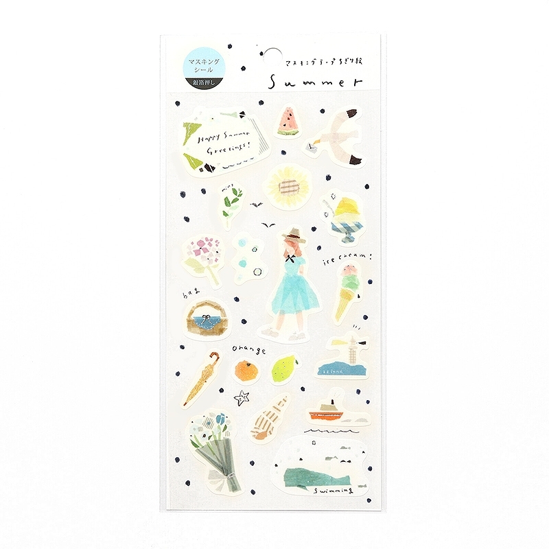 夏日Summer (燙銀) 紙膠帶拼貼風 和紙貼紙 J-243｜日本田村美紀