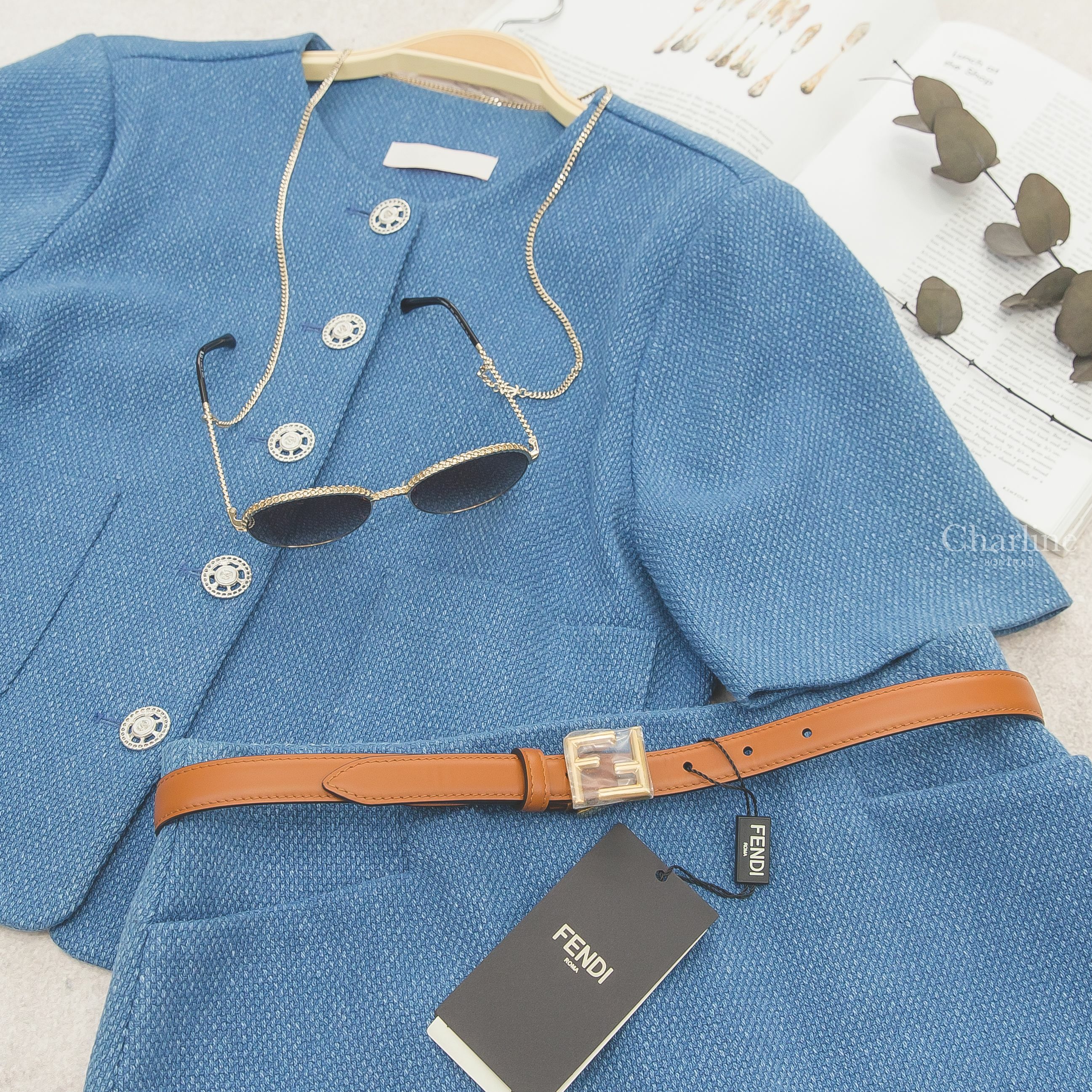 Chanel Pantos Sunglasses 金色紋路滾邊圓框咖啡色漸層鏡片鍊帶太陽眼鏡,Fendi Belt 棕色FF金釦小牛皮皮帶-Charline Boutique 精品代購
