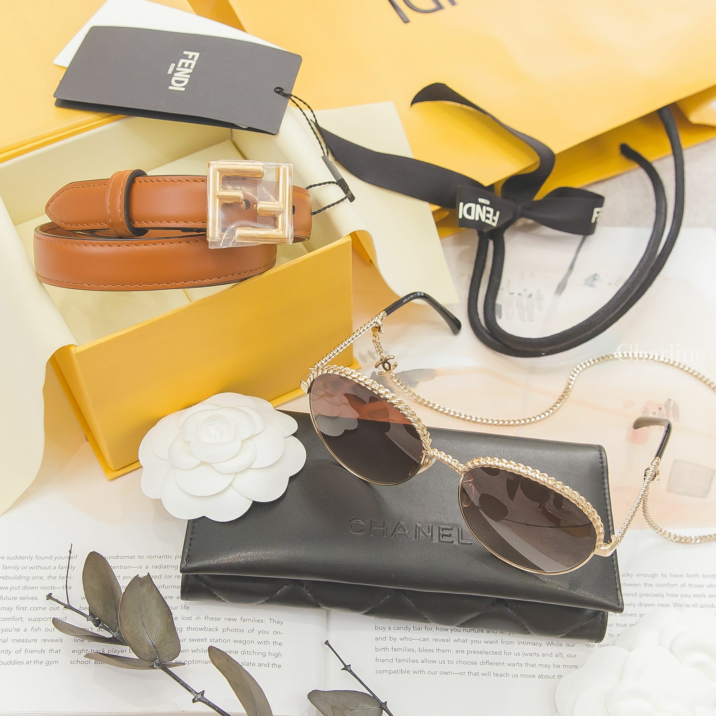 Chanel Pantos Sunglasses 金色紋路滾邊圓框咖啡色漸層鏡片鍊帶太陽眼鏡,Fendi Belt 棕色FF金釦小牛皮皮帶-Charline Boutique 精品代購