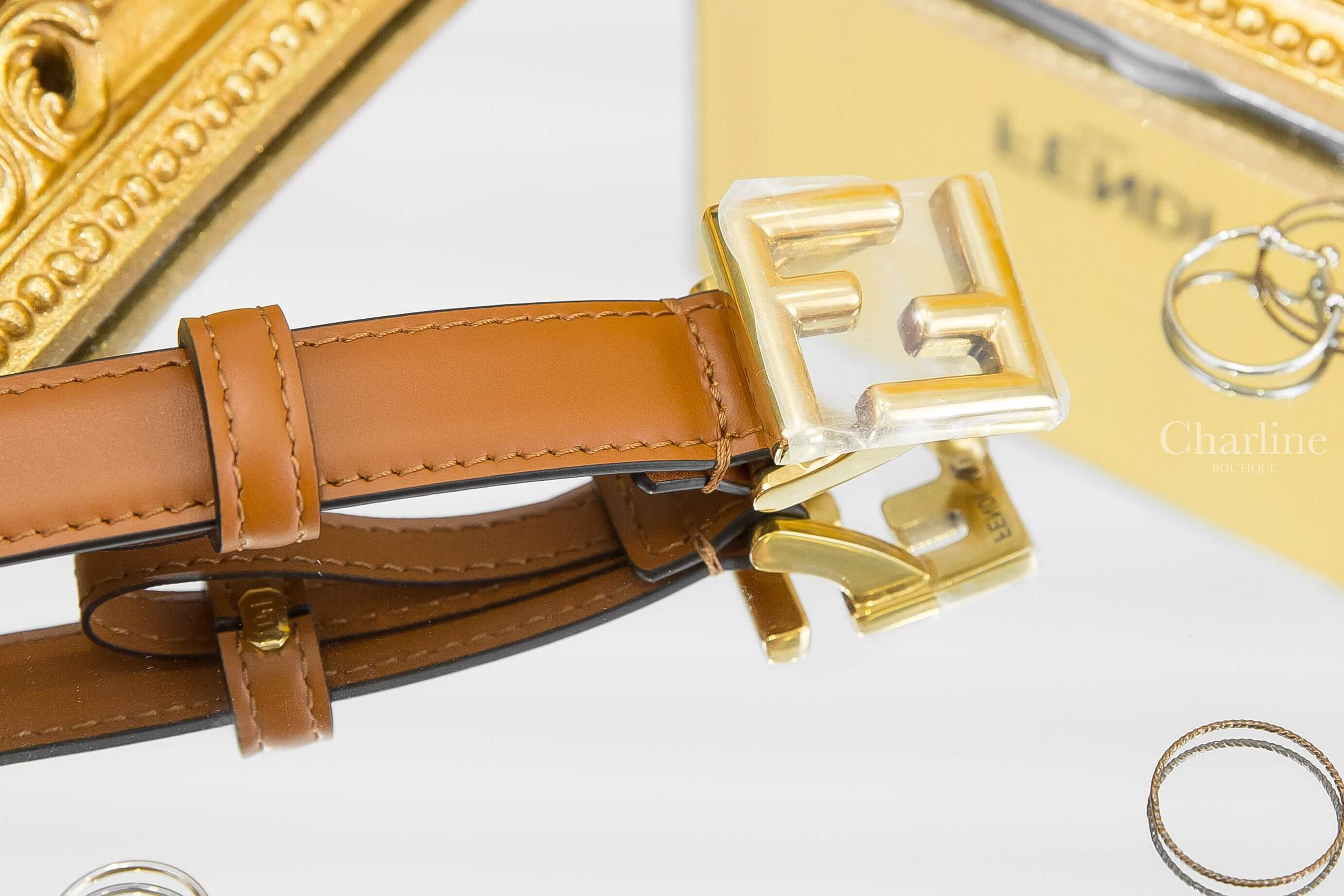 Fendi Belt 棕色FF金釦2cm小牛皮皮帶