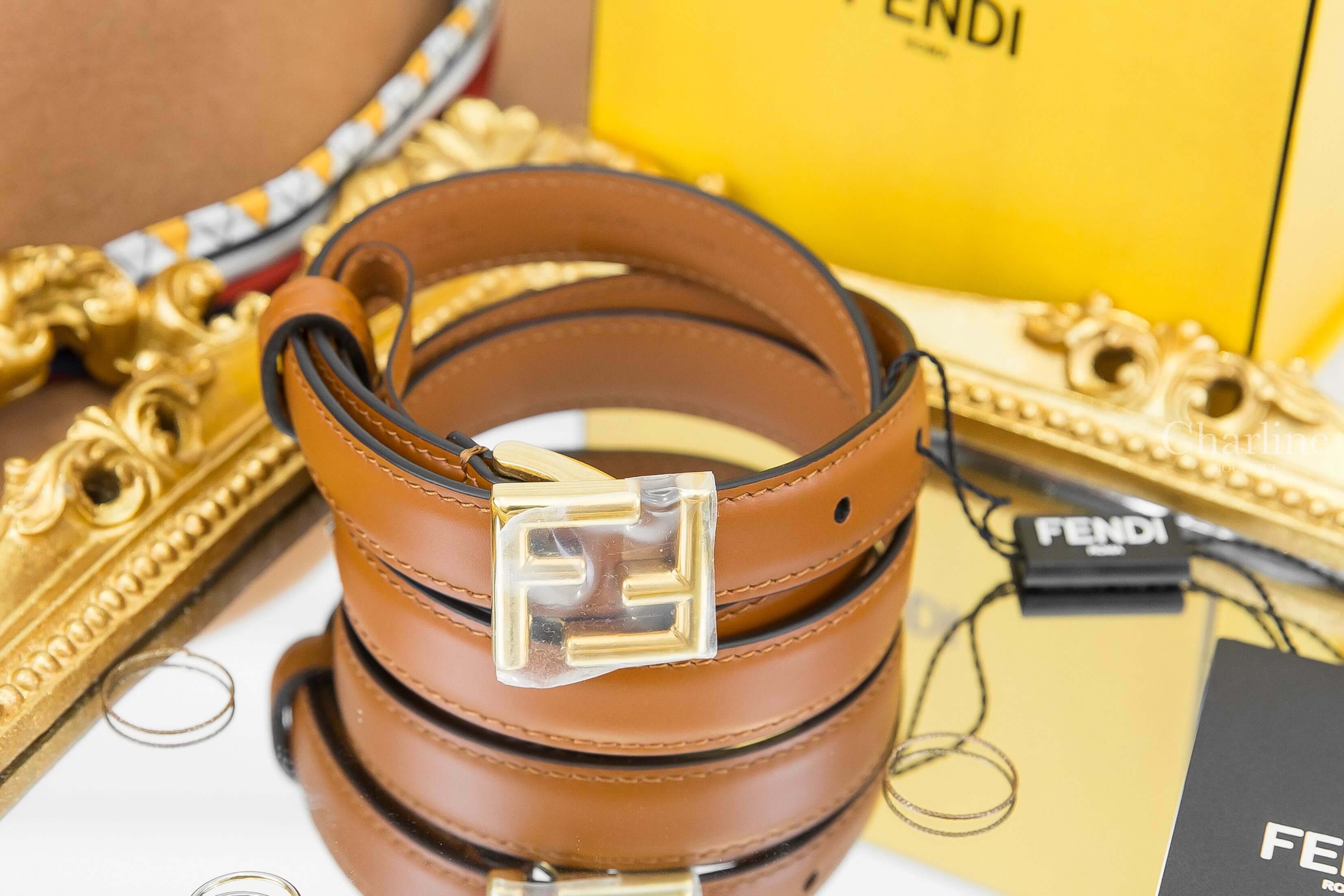 Fendi Belt 棕色FF金釦小牛皮皮帶-Charline Boutique 精品代購