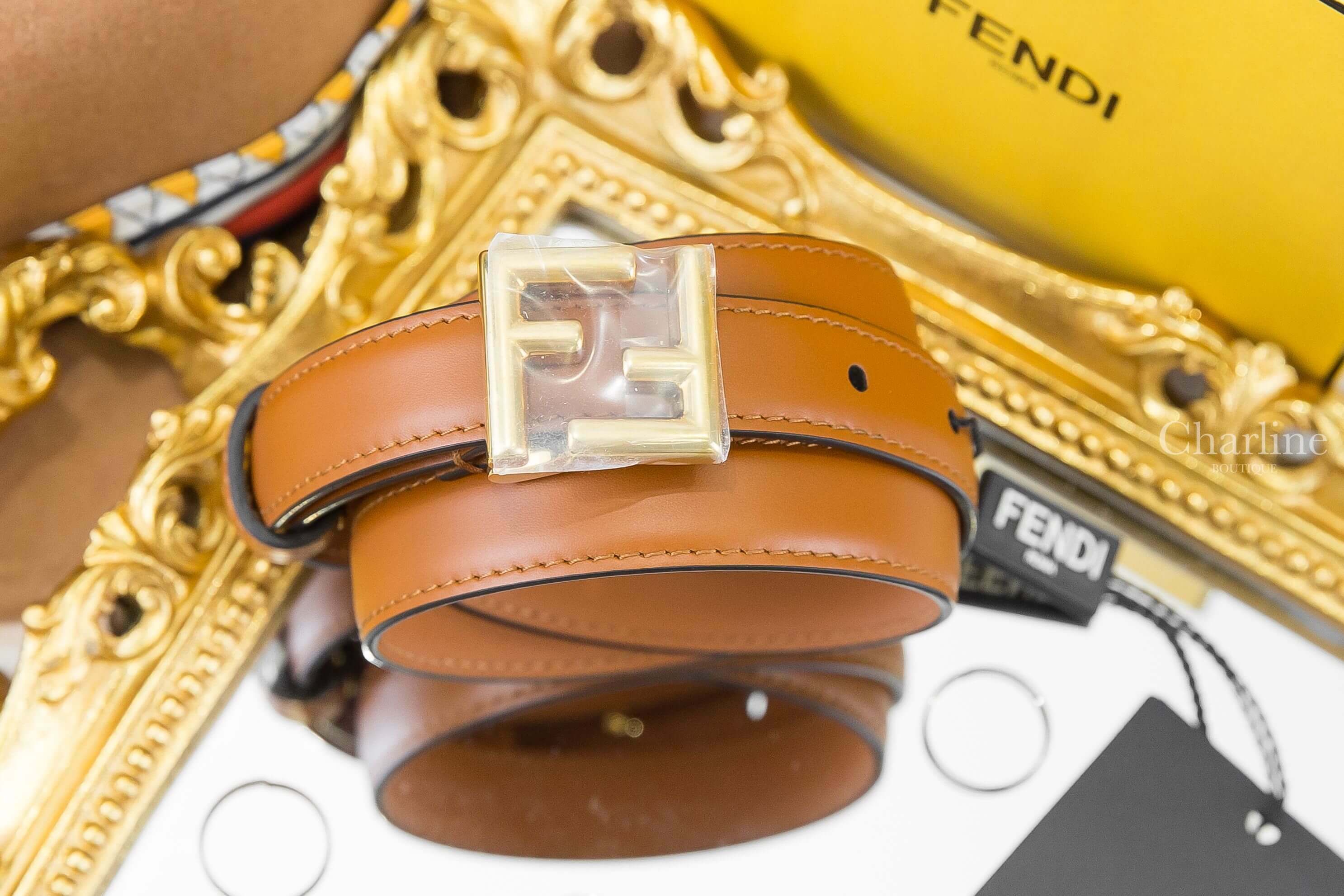 Fendi Belt 棕色FF金釦小牛皮皮帶-Charline Boutique 精品代購