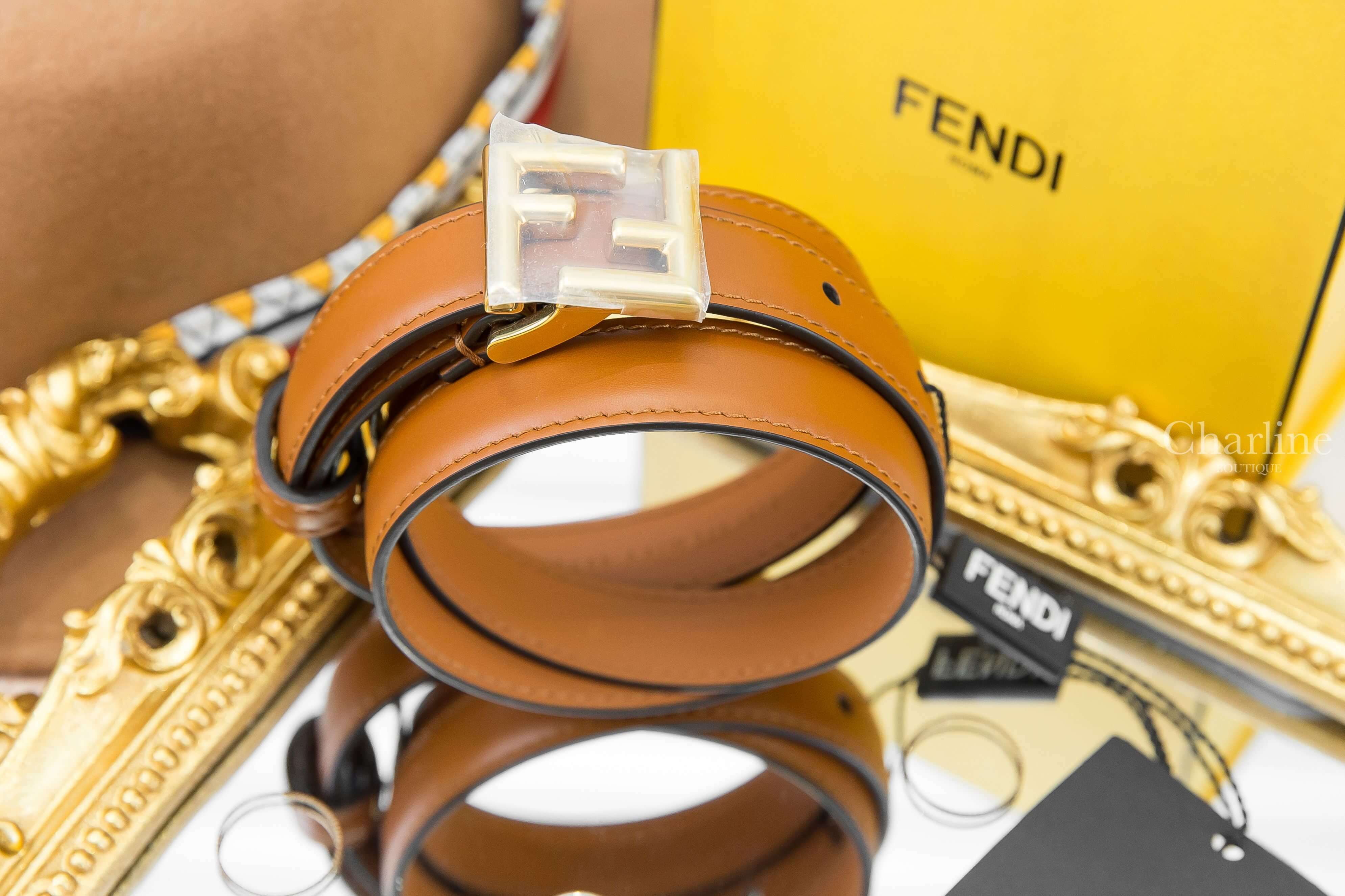 Fendi Belt 棕色FF金釦小牛皮皮帶-Charline Boutique 精品代購