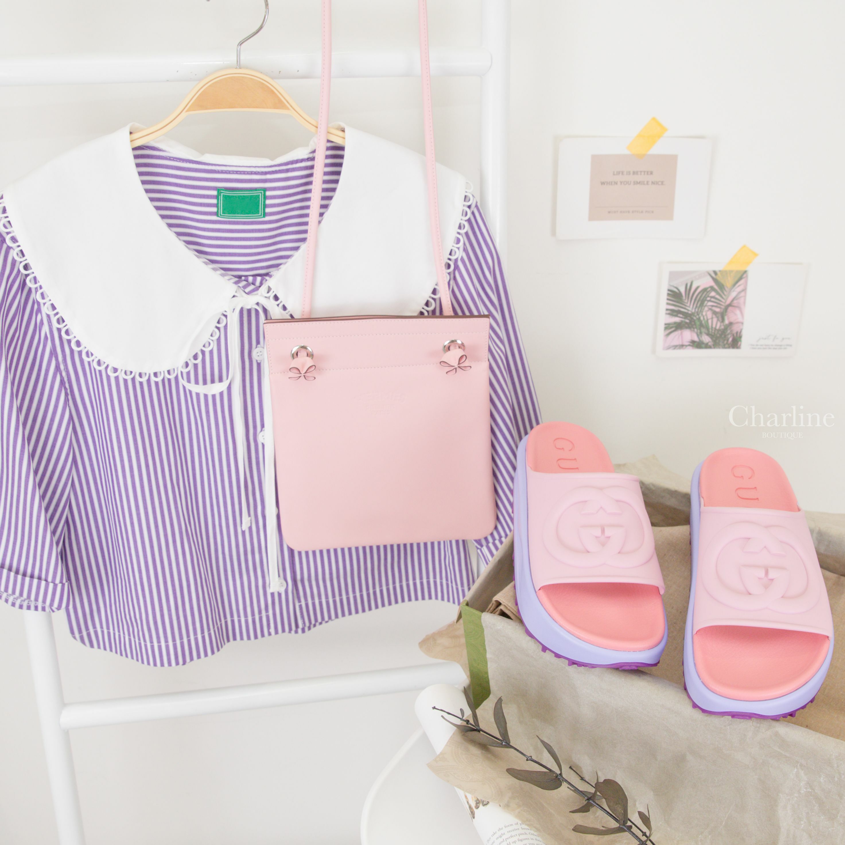 Gucci Sandal 粉色/紫色GG橡膠厚底拖鞋,Hermès Aline Mini Long Strap Agneau Milo/Veau Swift 3Q Rose Sakura 櫻花粉肩背包-Charline Boutique 精品代購