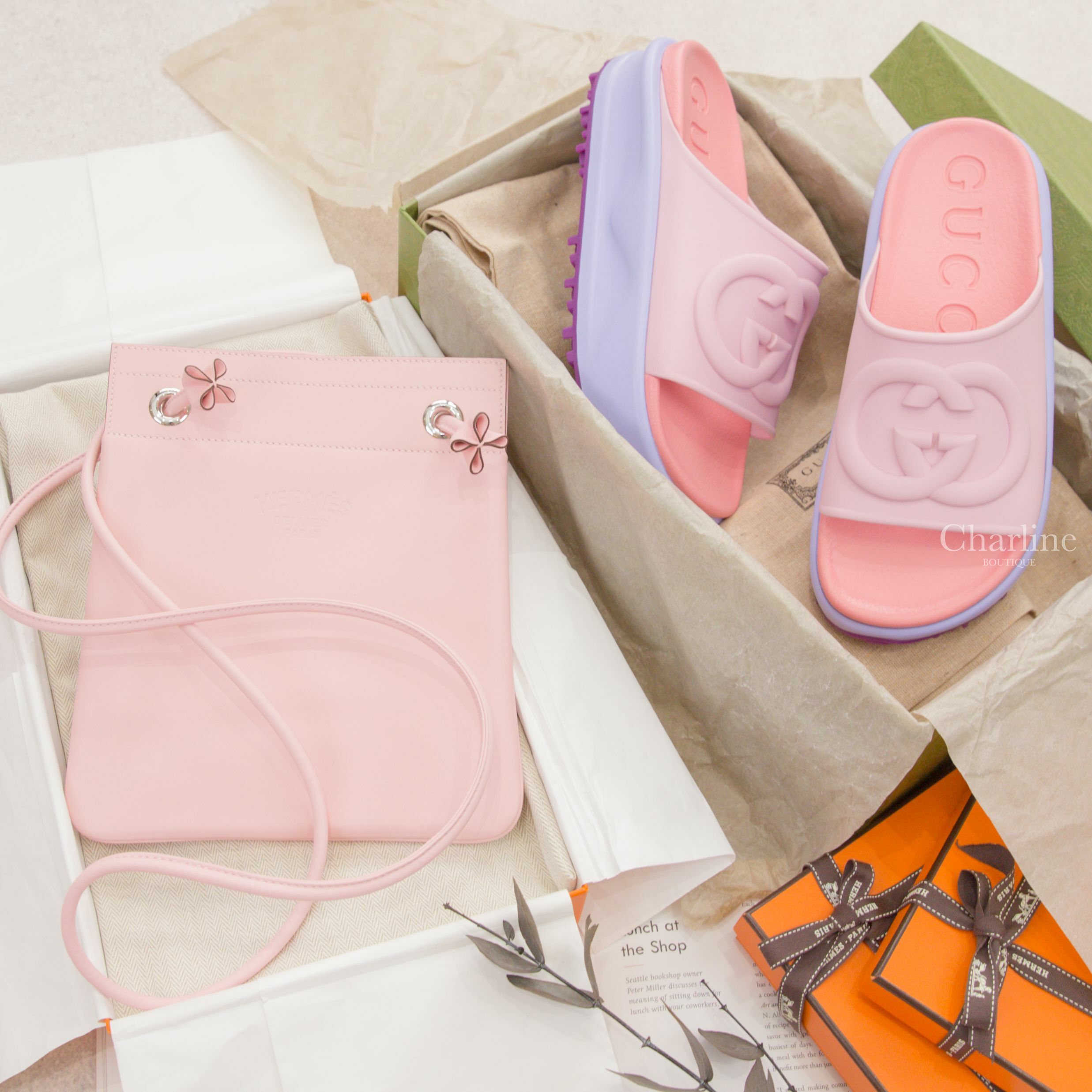 Gucci Sandal 粉色/紫色GG橡膠厚底拖鞋,Hermès Aline Mini Long Strap Agneau Milo/Veau Swift 3Q Rose Sakura 櫻花粉肩背包-Charline Boutique 精品代購