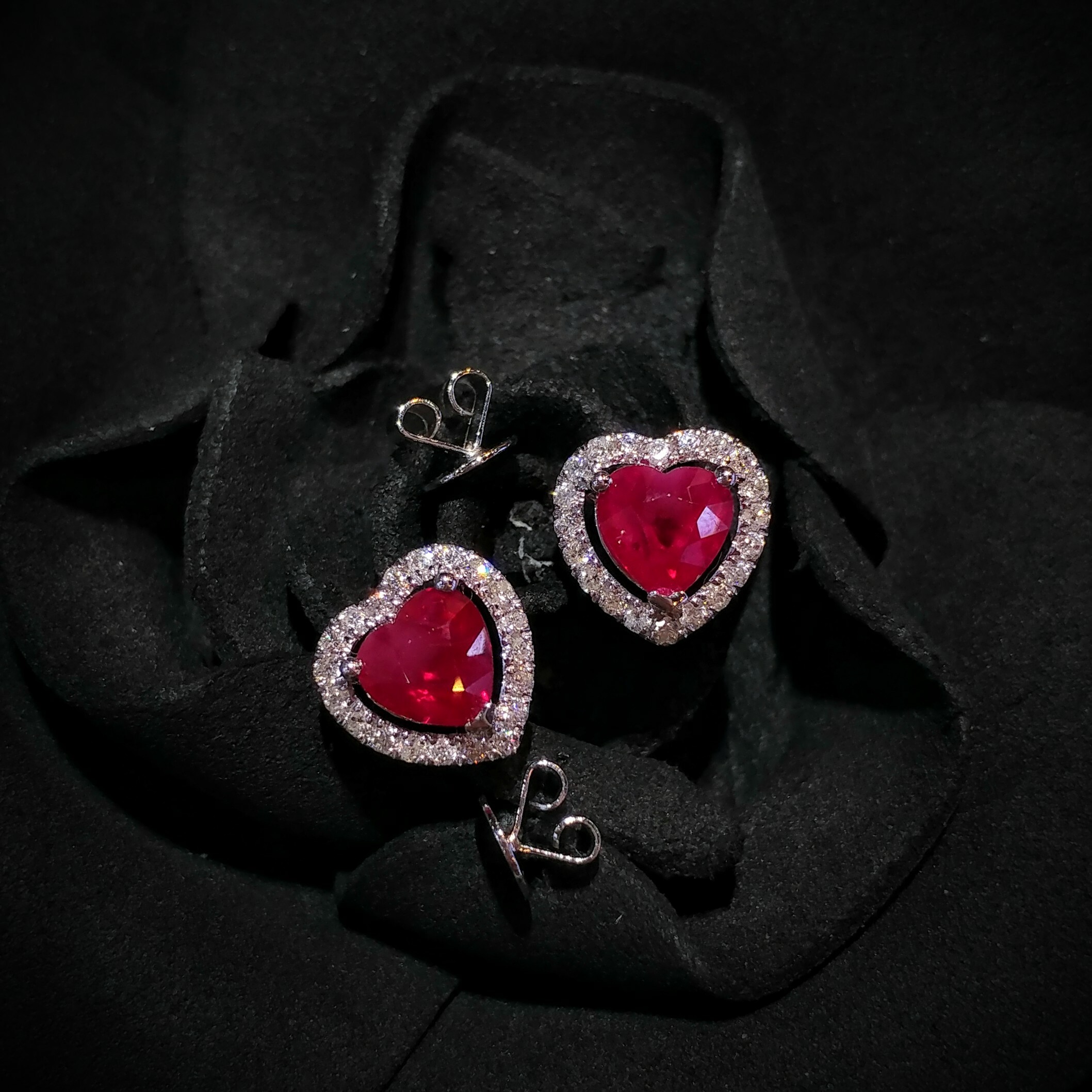 18K White Gold 1.96ct Heart Shaped Ruby and Diamond Earrings
