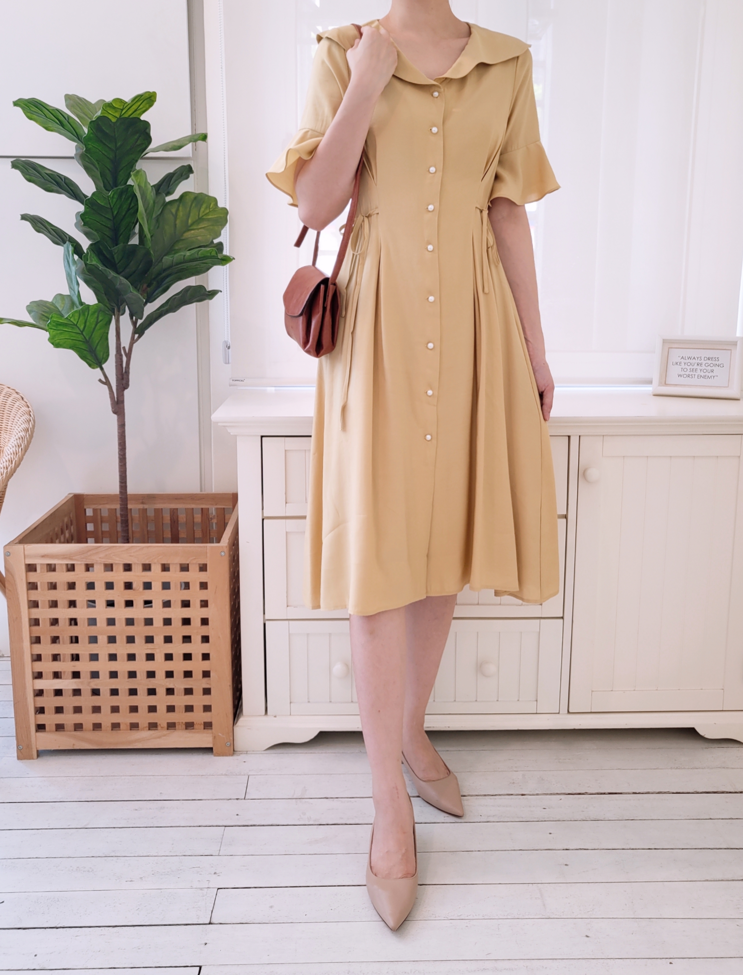 BUTTON DOWN TIE WAIST MIDI DRESS