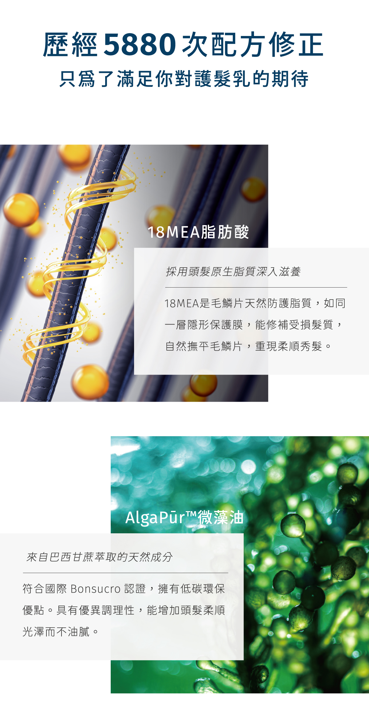 採用頭髮原生脂質 18MEA，能自然撫平毛鱗片，重現柔順秀髮