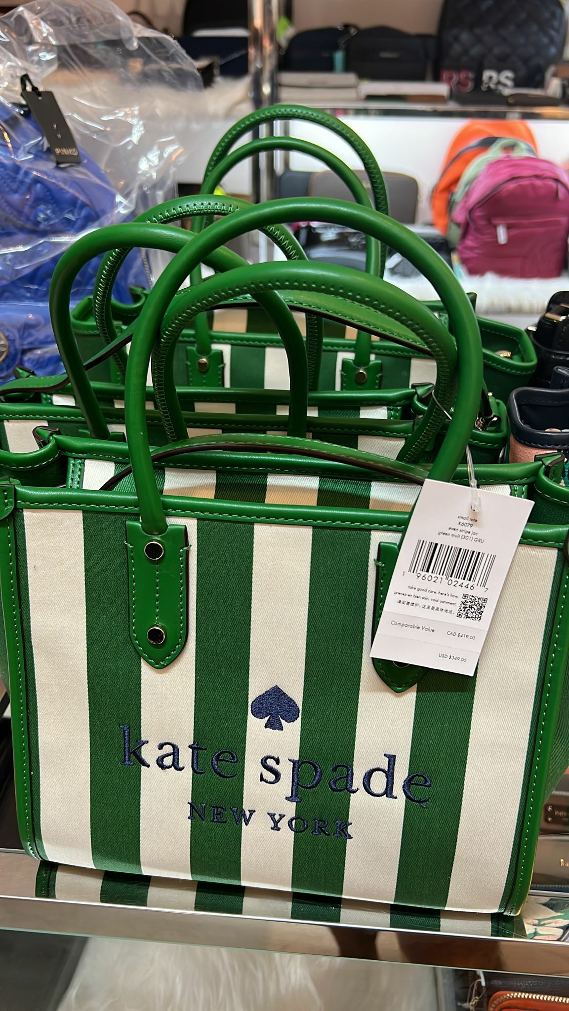 [S] KATE SPADE K6079 SMALL TOTE EVEN STRIPE JAC, GREEN MULTI, 196021024467 (SKS103)