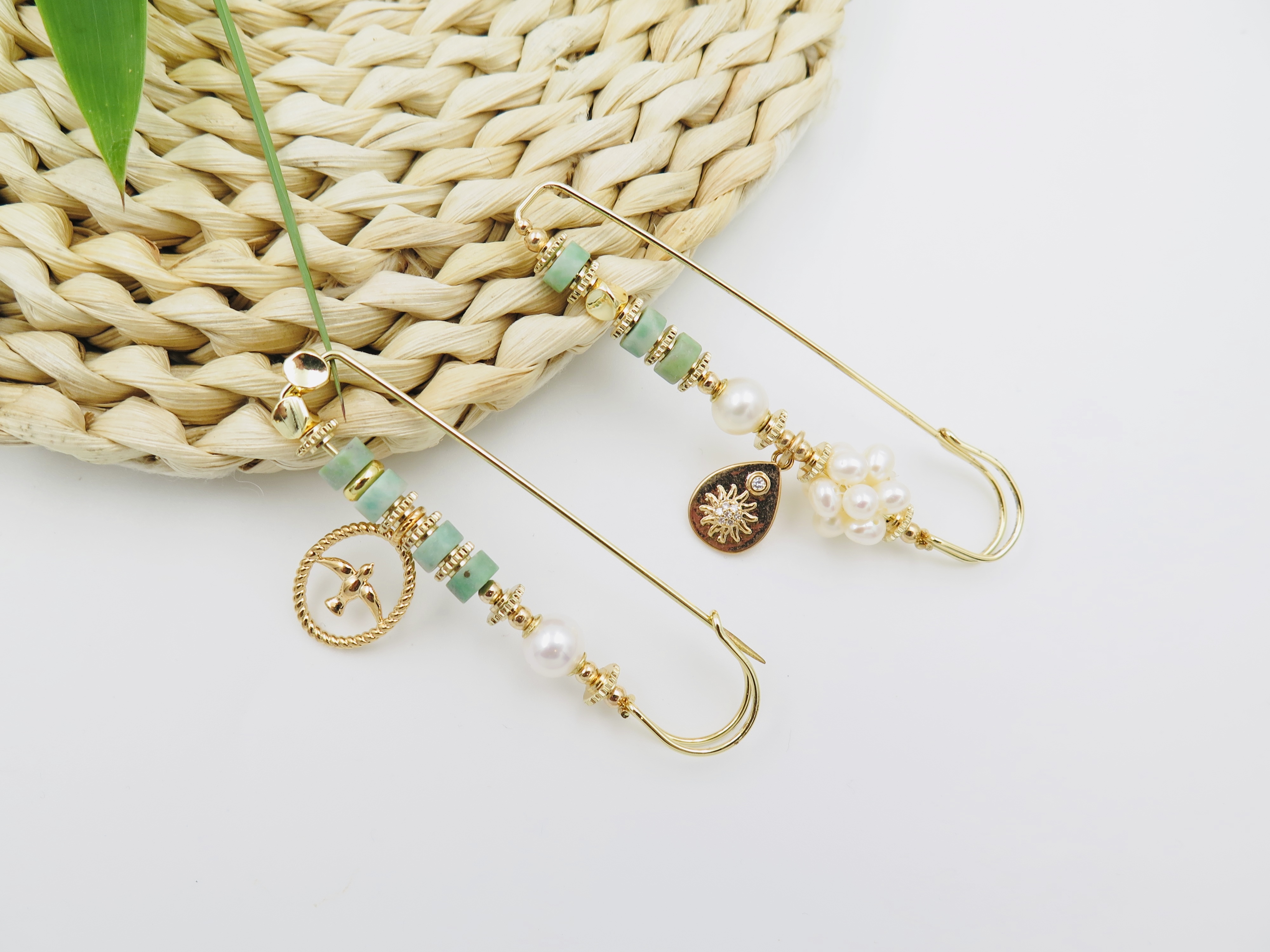 COLE COOL Natural green stones & pearl pin Japanese style best gift