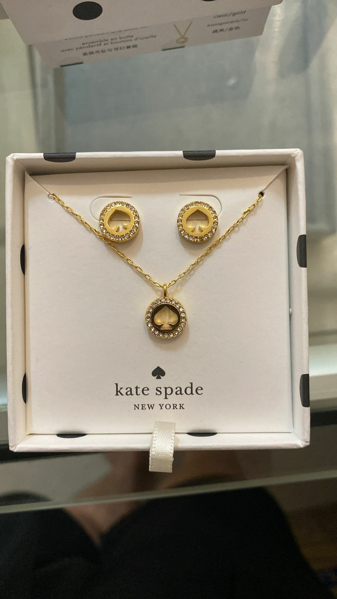 [S] KATE SPADE K8027 SPOT THE SPADE NECKLACE & EARRING, CLEAR/GOLD, 196021078927 (SKS117)
