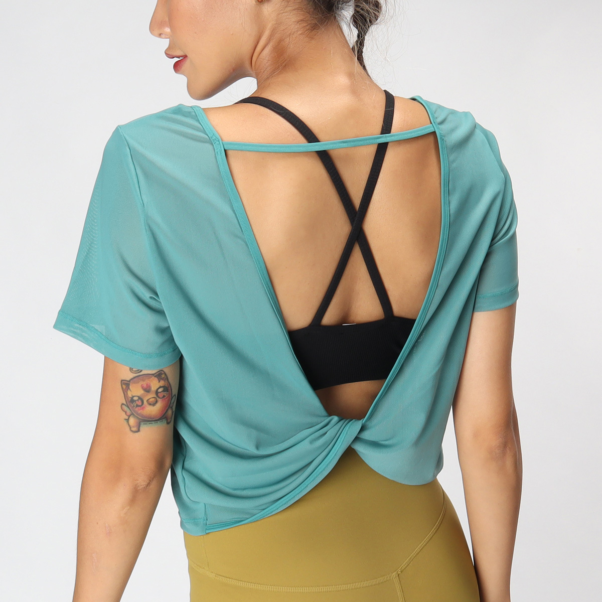 網紗扭結開背修身瑜珈/運動/機能短袖*