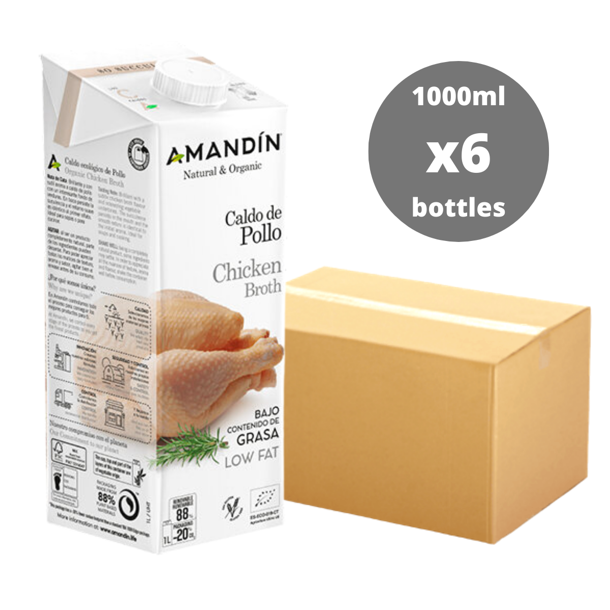 [原箱] Amandin 有機低脂無糖無麩質清雞湯 1L x6盒